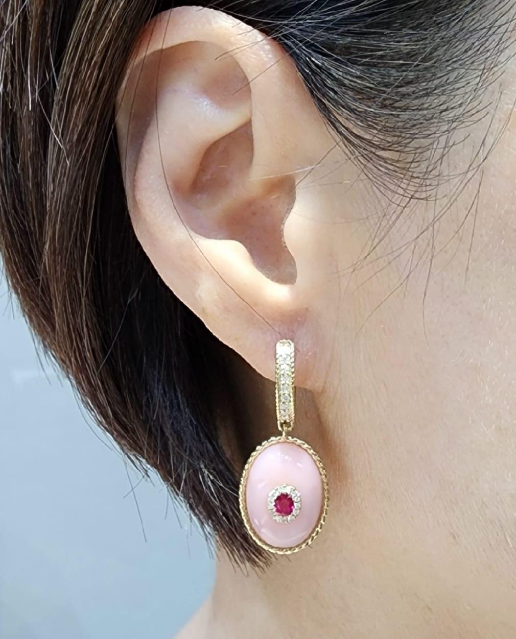Women's Pink Opal Ruby Dangle Earring in 14 Karat Yellow Gold
