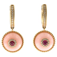 Pink Opal Ruby Diamonds Drop Dangle Earrings in 14 Karat Yellow Gold