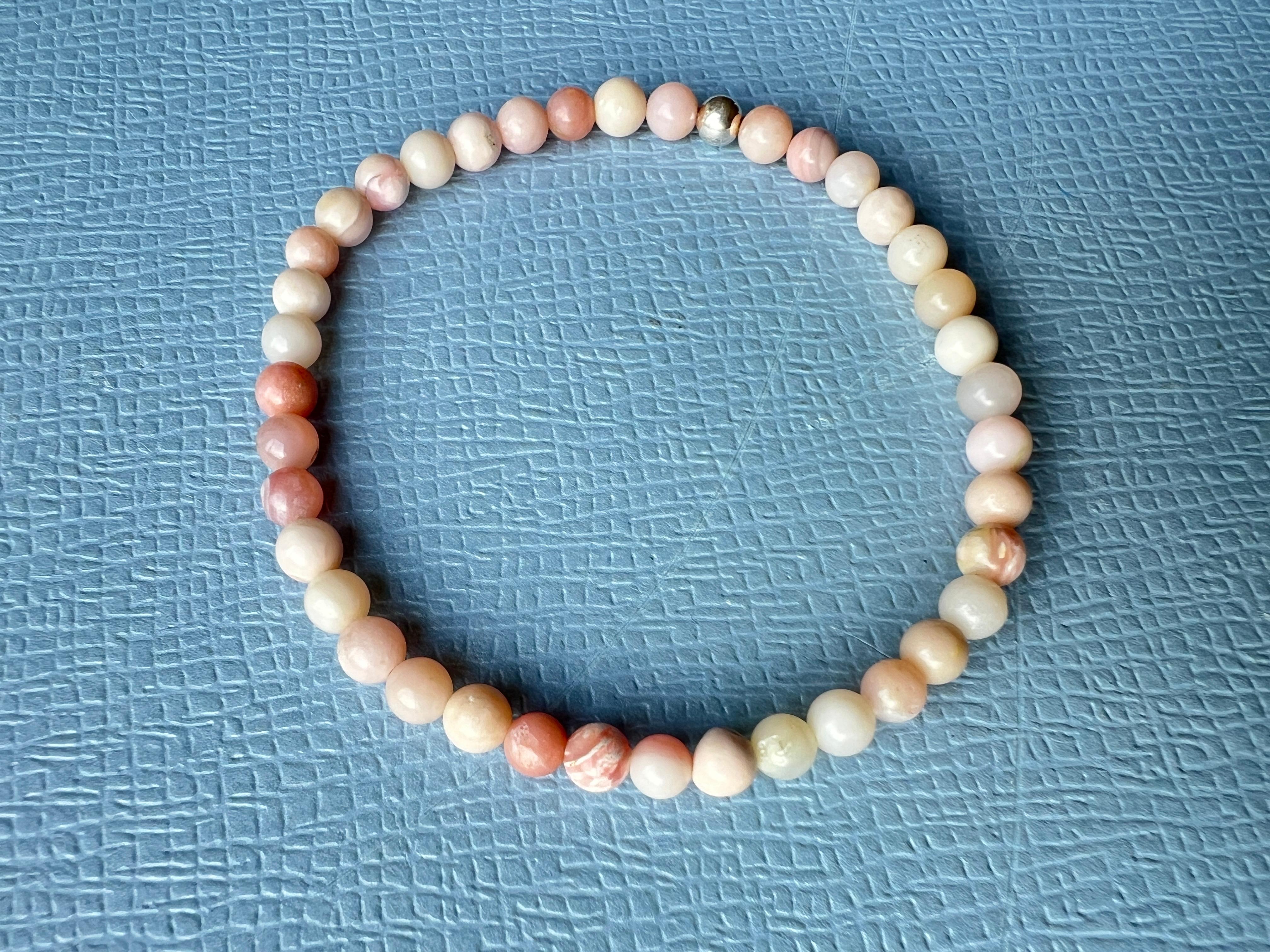 Pink Opal Bead Bracelet Silver For Sale 3