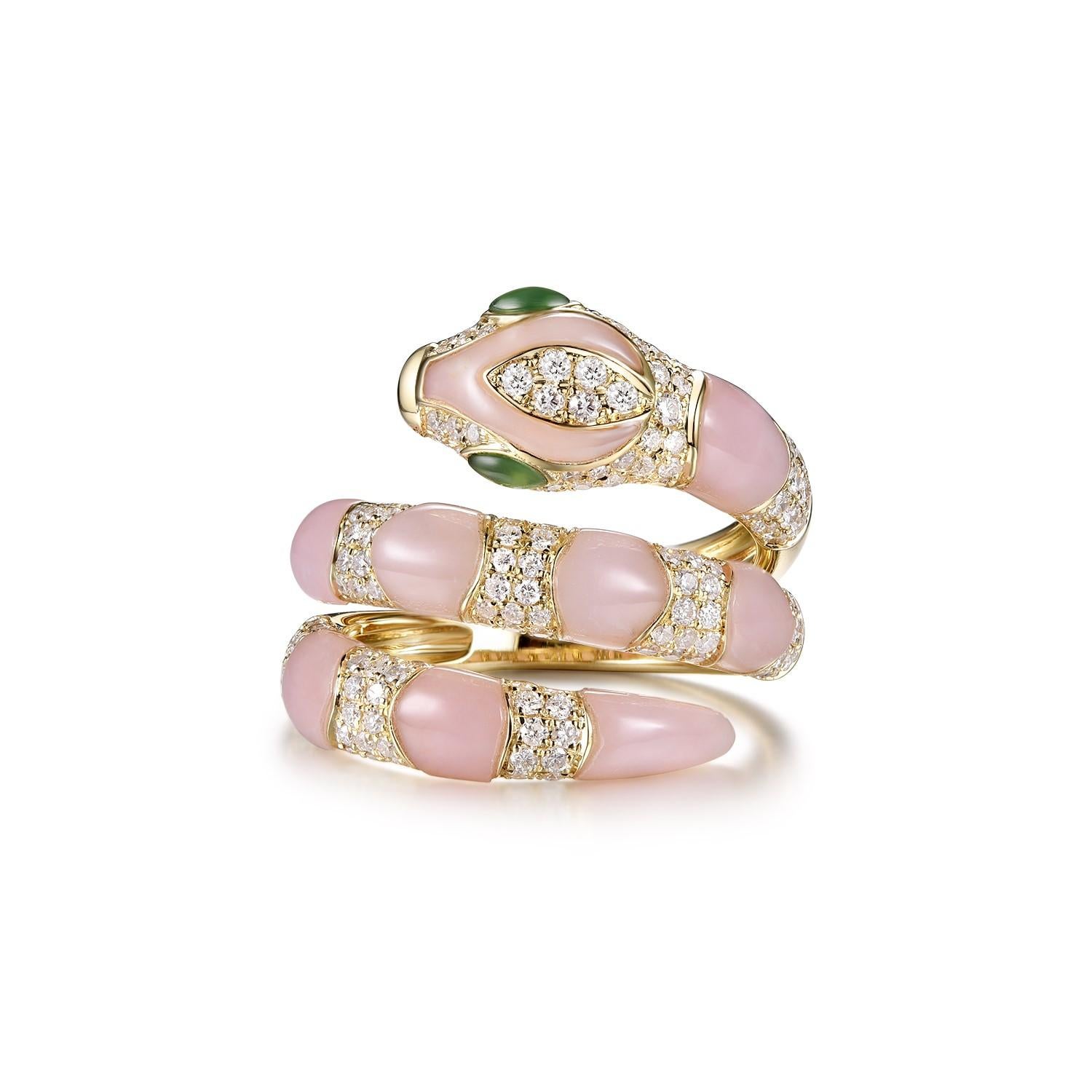 Pink Opal Snake This stunning snake ring features 0.98 carat of white round diamonds, the body is covered with pink opal. The eyes of the ring is set with green Crysophrase(eye) . The snake can be customized in any color or stones. Feel free to