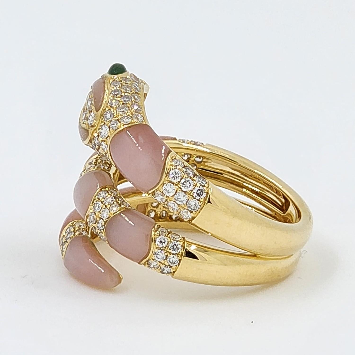 Modernist Pink Opal Snake Diamond Ring in 18 Karat Yellow Gold