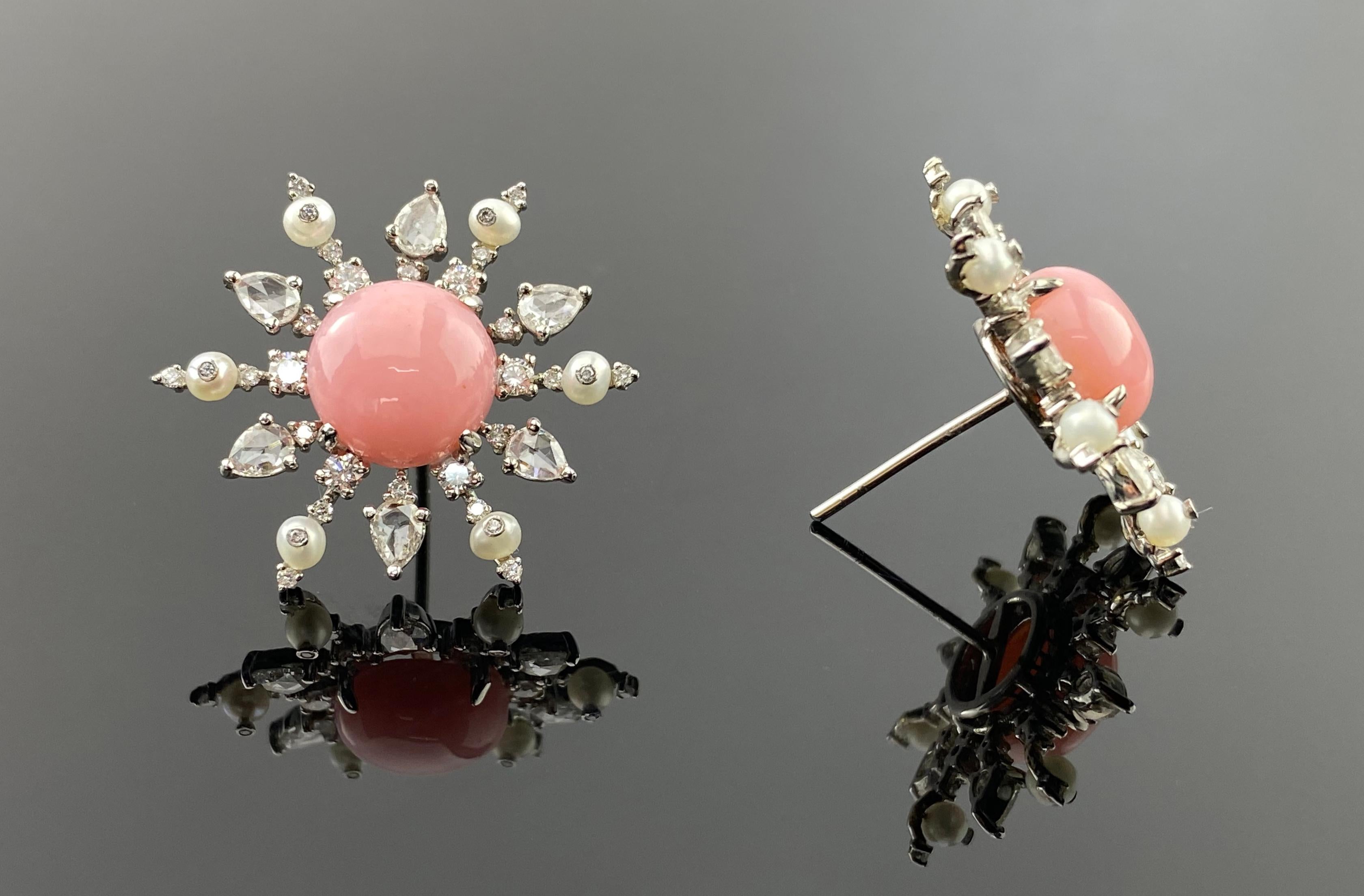 Art Deco Pink Opal Stud Earrings with Pearls and Diamonds For Sale