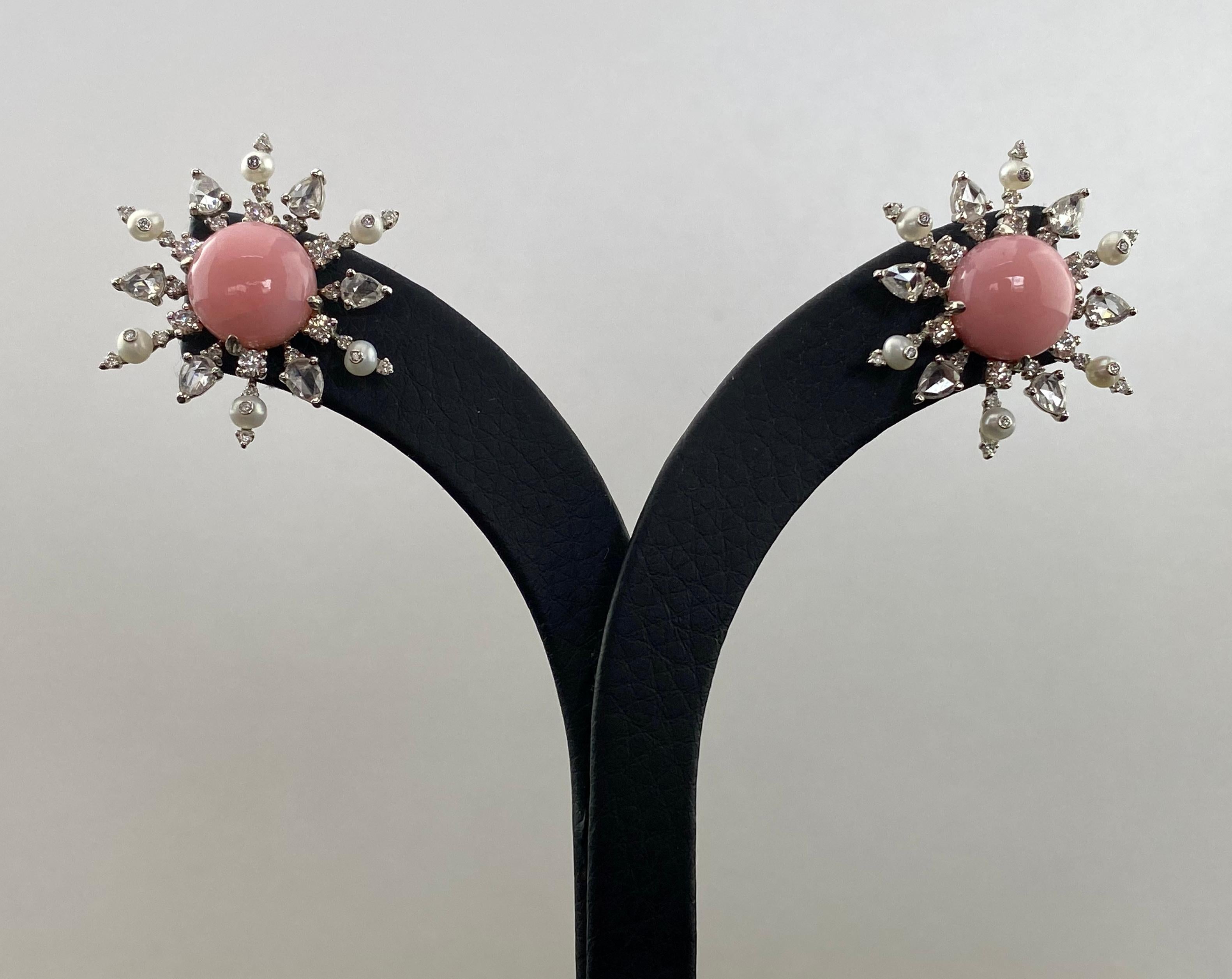 Women's Pink Opal Stud Earrings with Pearls and Diamonds For Sale