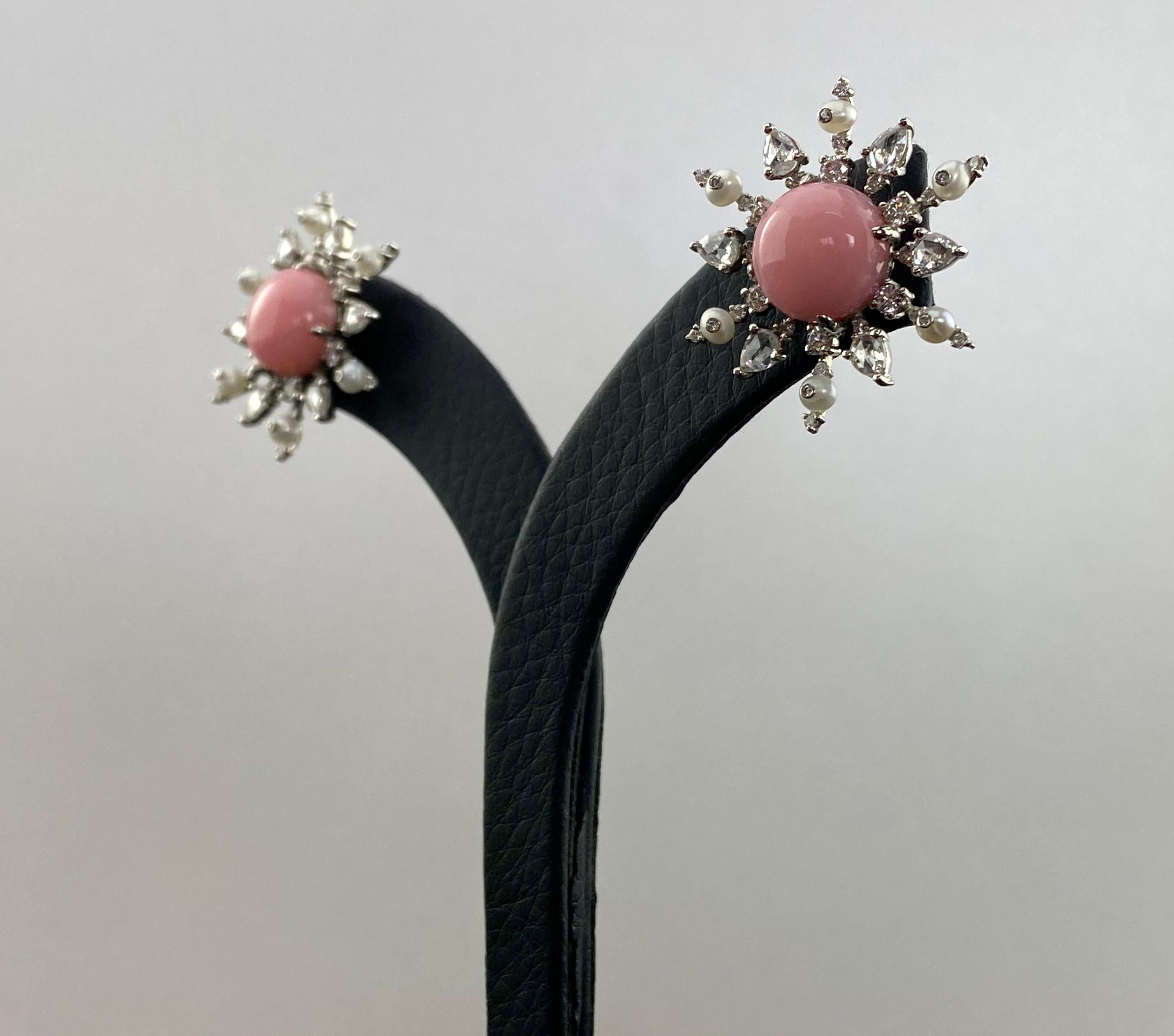 Pink Opal Stud Earrings with Pearls and Diamonds For Sale 1
