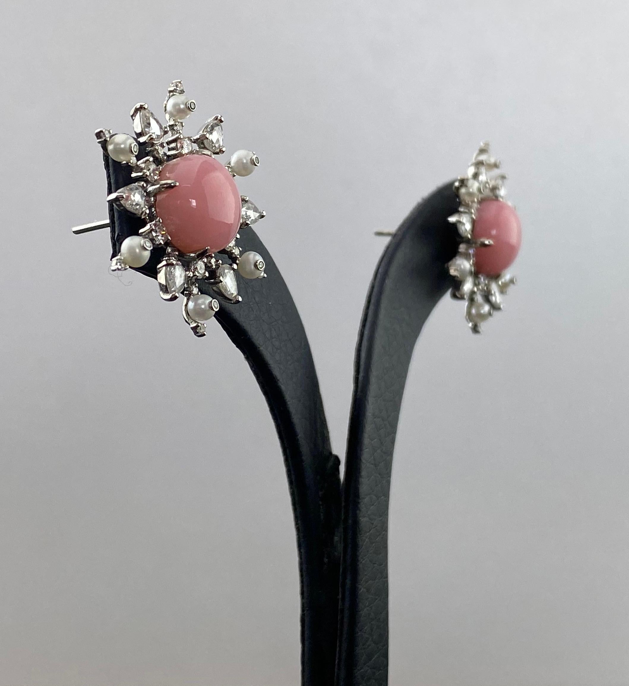 Pink Opal Stud Earrings with Pearls and Diamonds For Sale 2