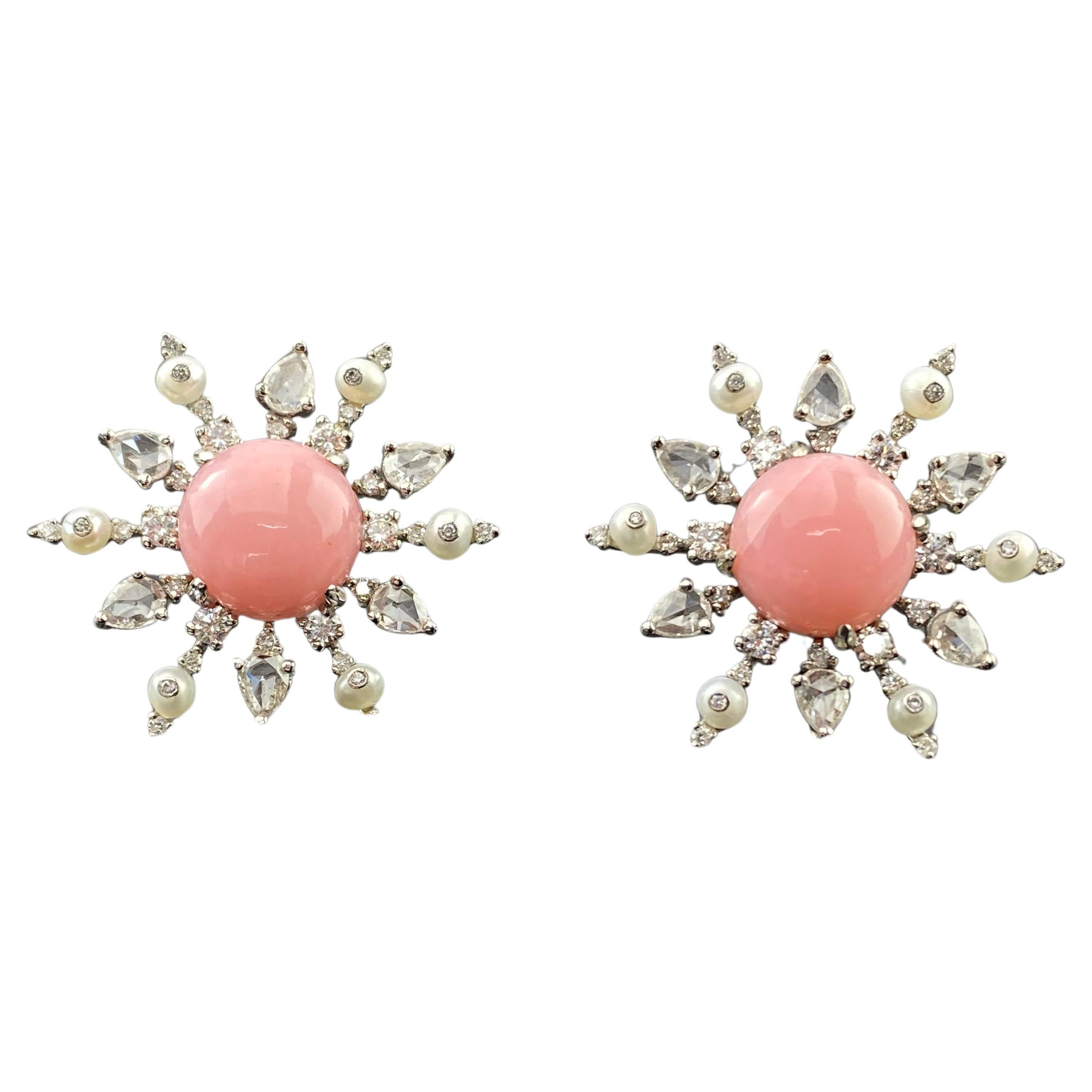 Pink Opal Stud Earrings with Pearls and Diamonds For Sale
