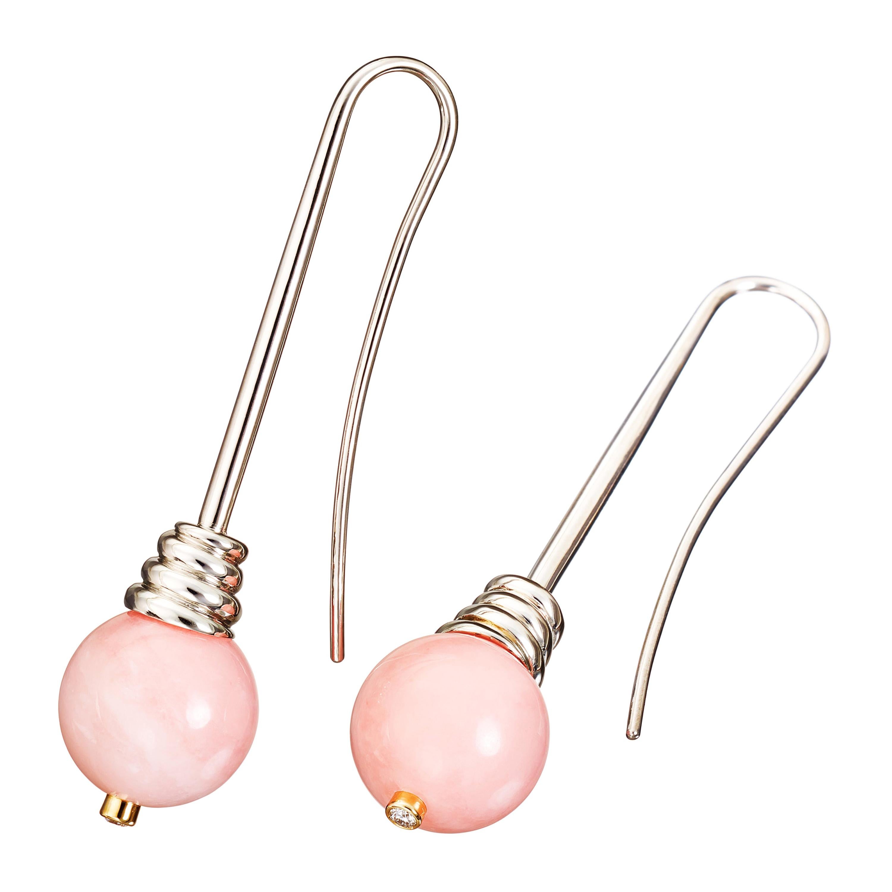 Pink Opal White Diamonds Palladium and Yellow Gold Earrings