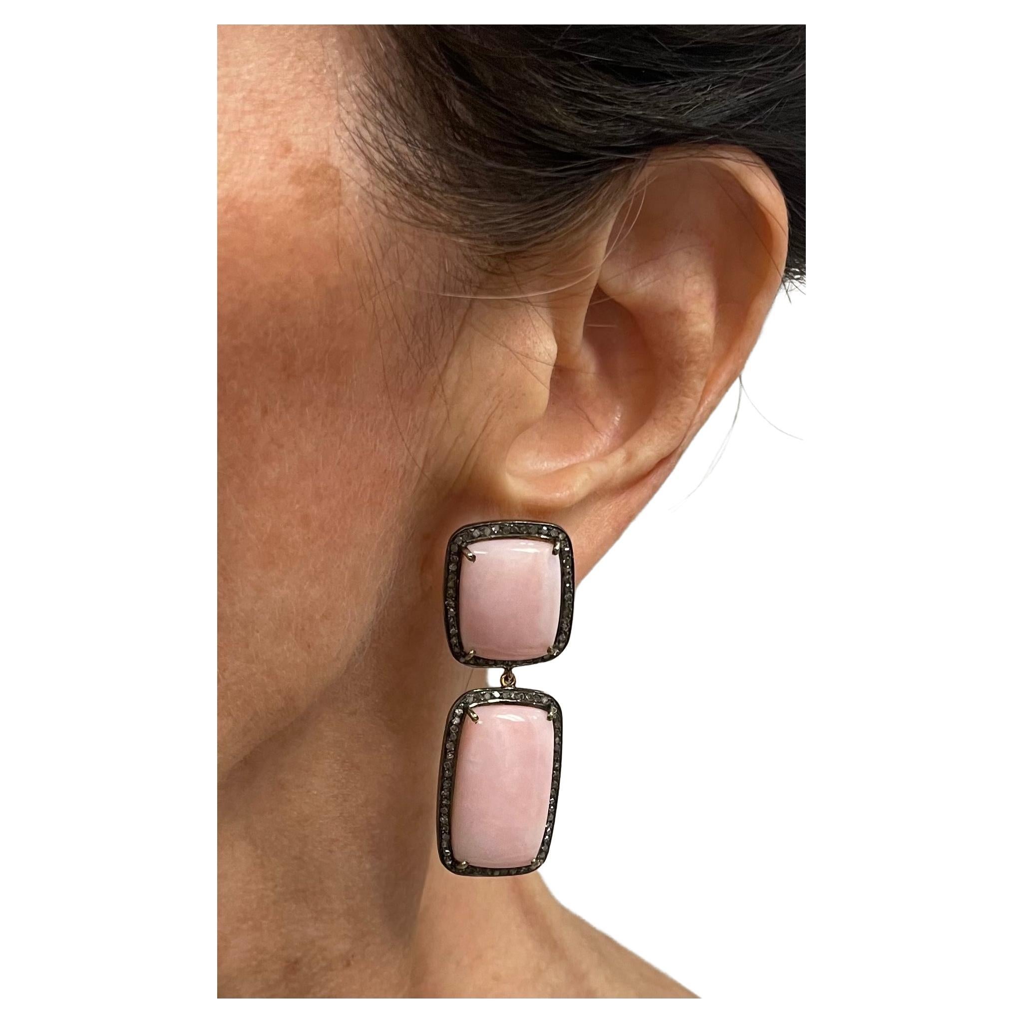 Pink Opal with Diamonds Earrings In New Condition For Sale In Laguna Beach, CA