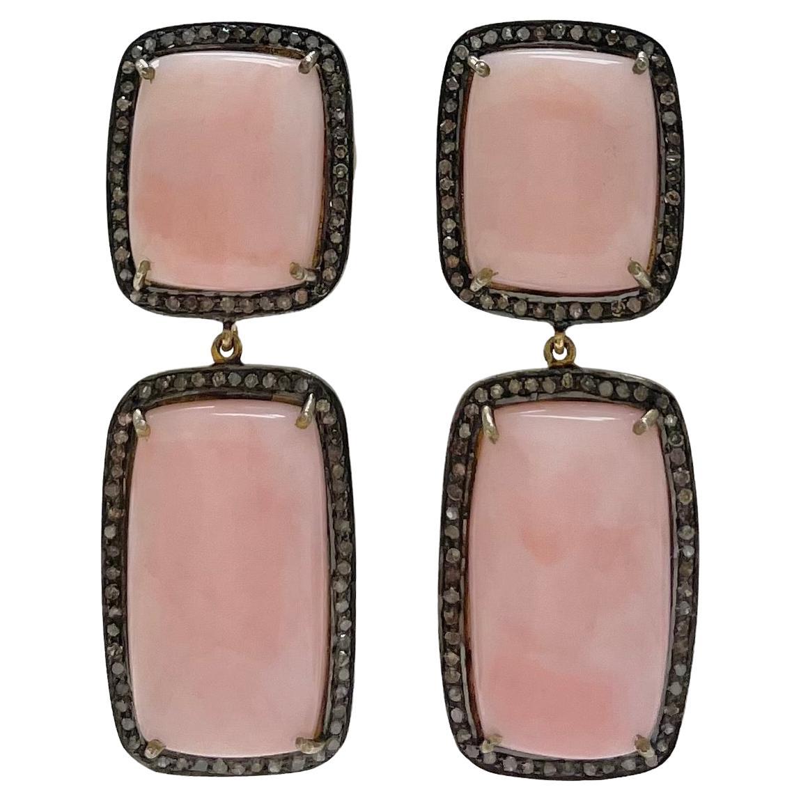 Pink Opal with Diamonds Earrings For Sale 1
