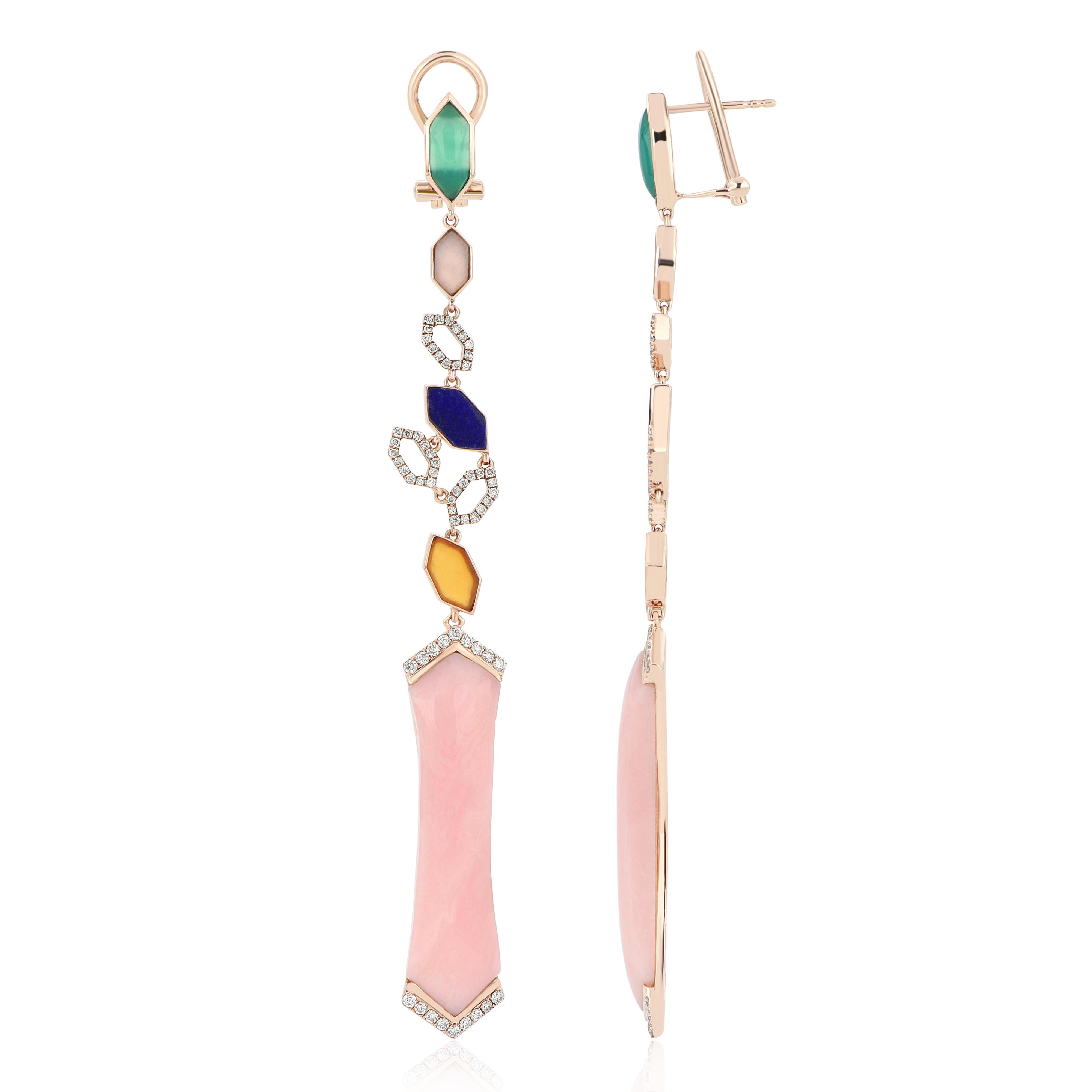 Elegant and exquisitely detailed 14 Karat Rose Gold Earrings, center set with 17.65 Cts Cab Hexagon Shape Pink Opal, accented with Green Onyx, Carnelian, Lapis and micro pave set Diamonds, weighing approx. 0.66 Cts.  Beautifully Hand crafted in 14