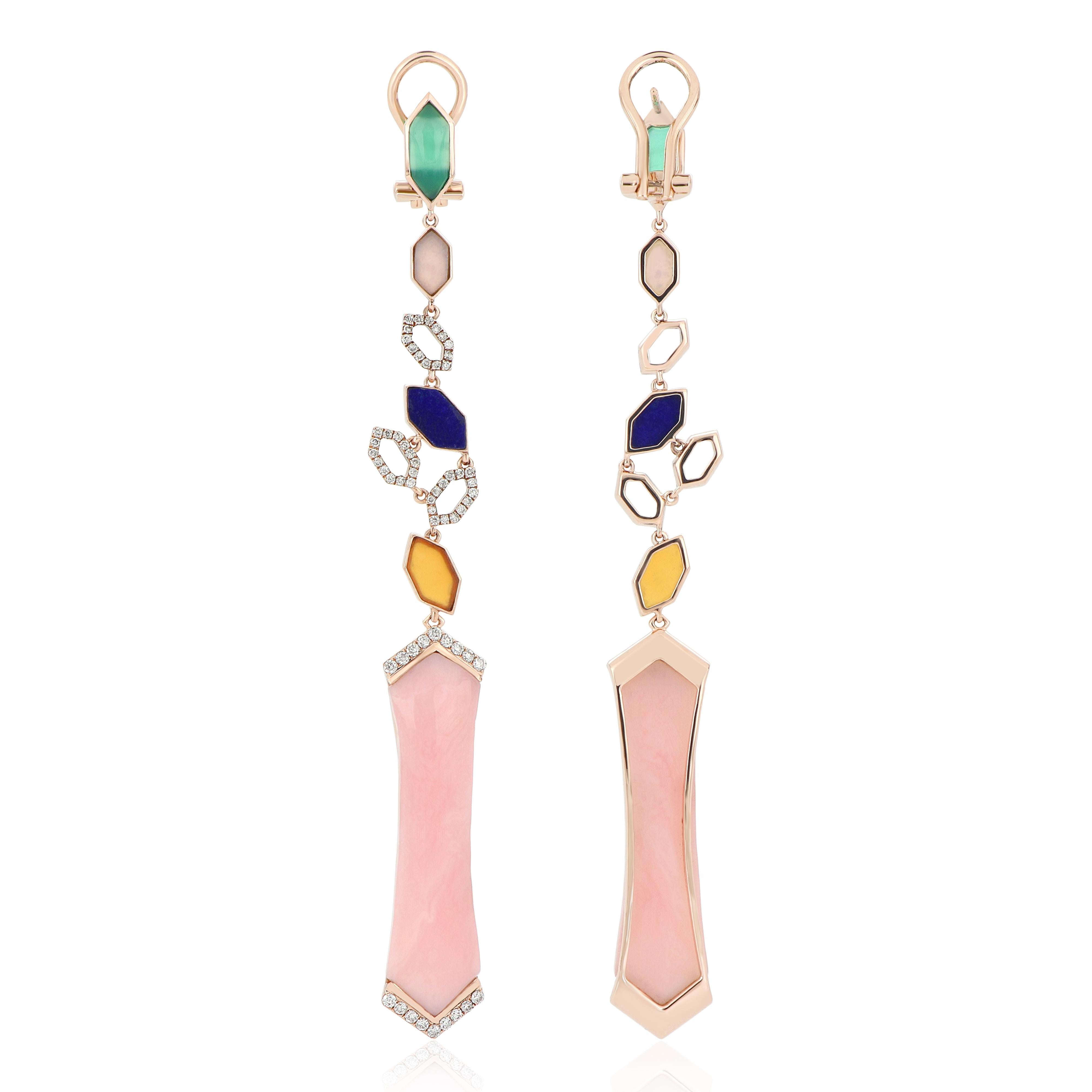 Hexagon Cut Pink Opal with Multi Stones and Diamond Studded Earring 14 Karat Rose Gold For Sale