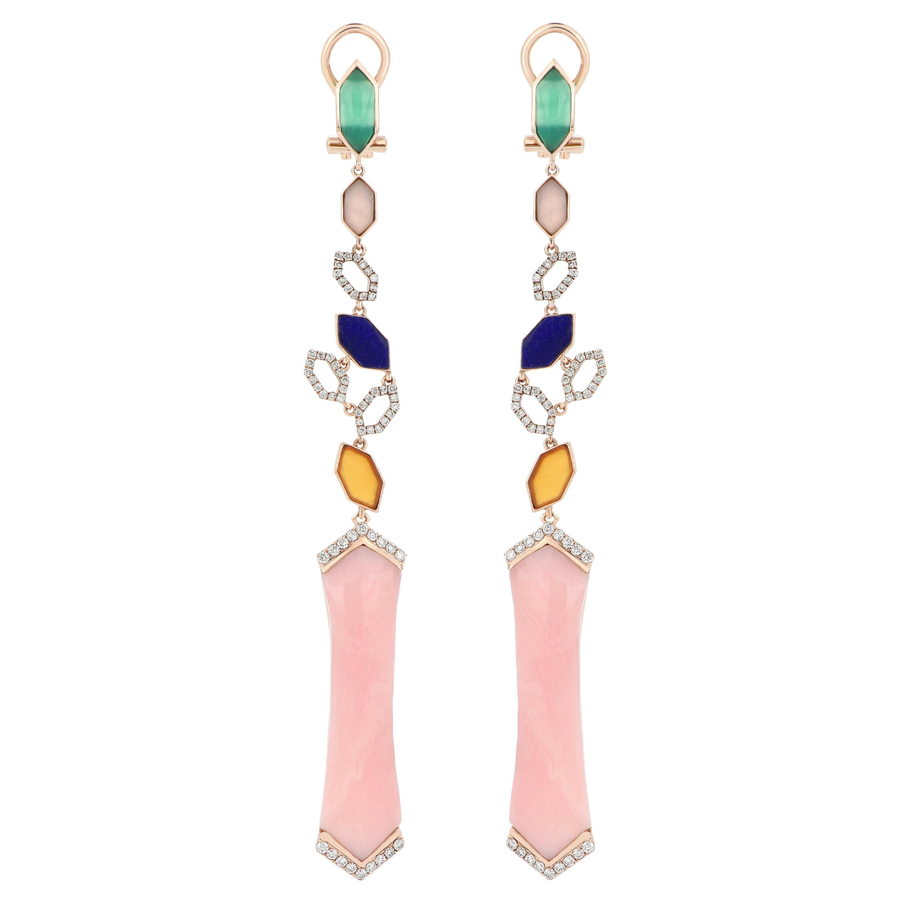 Boucles d'oreilles cloutées en or rose 14 carats avec opale rose, multi-pierres et diamants