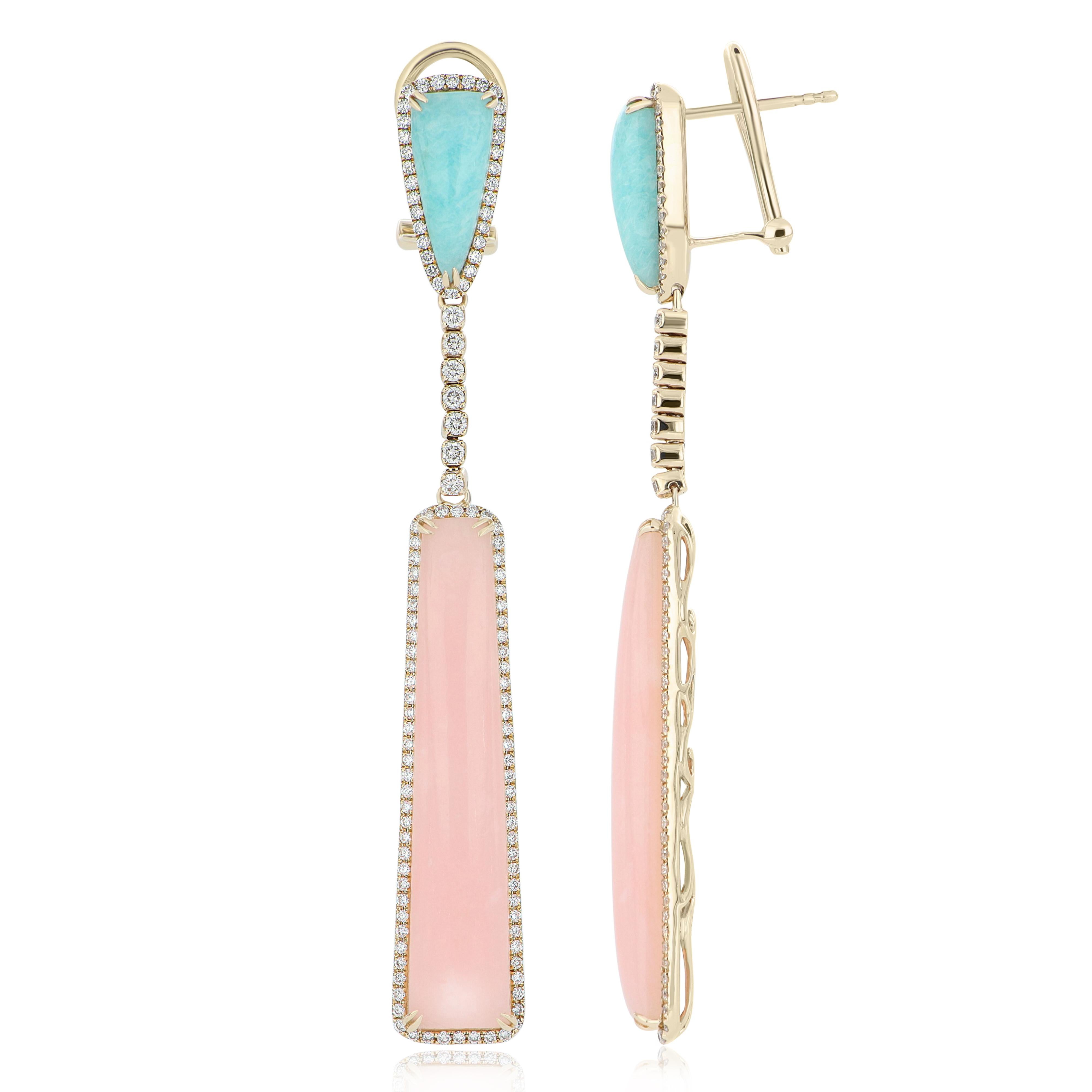 Elegant and exquisitely detailed 14 Karat Yellow Gold Earrings, adorned with 14.15 Cts Cab Trillion Shape Pink Opal, 3.36 Cts. Amazonite and Diamonds, weighing approx. 1.0 CT  Beautifully Hand crafted in 14 Karat Yellow Gold.

Stone Detail:
Pink