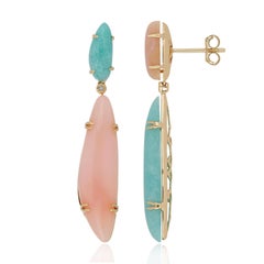 Pink Opal, Amazonite and Diamond Earring 14 Karat Yellow Gold
