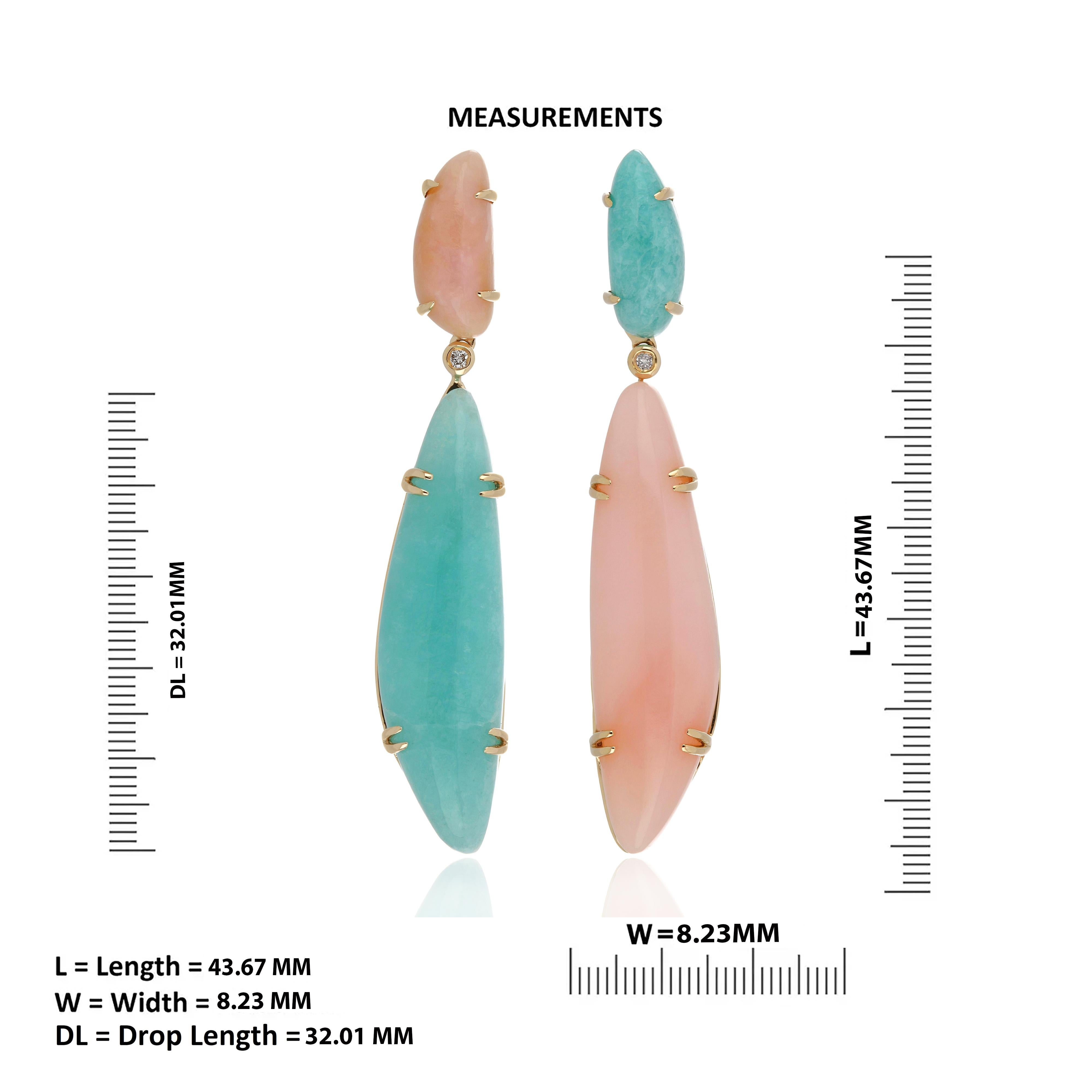 Cabochon Pink Opal, Amazonite and Diamond Earring 14 Karat Yellow Gold For Sale