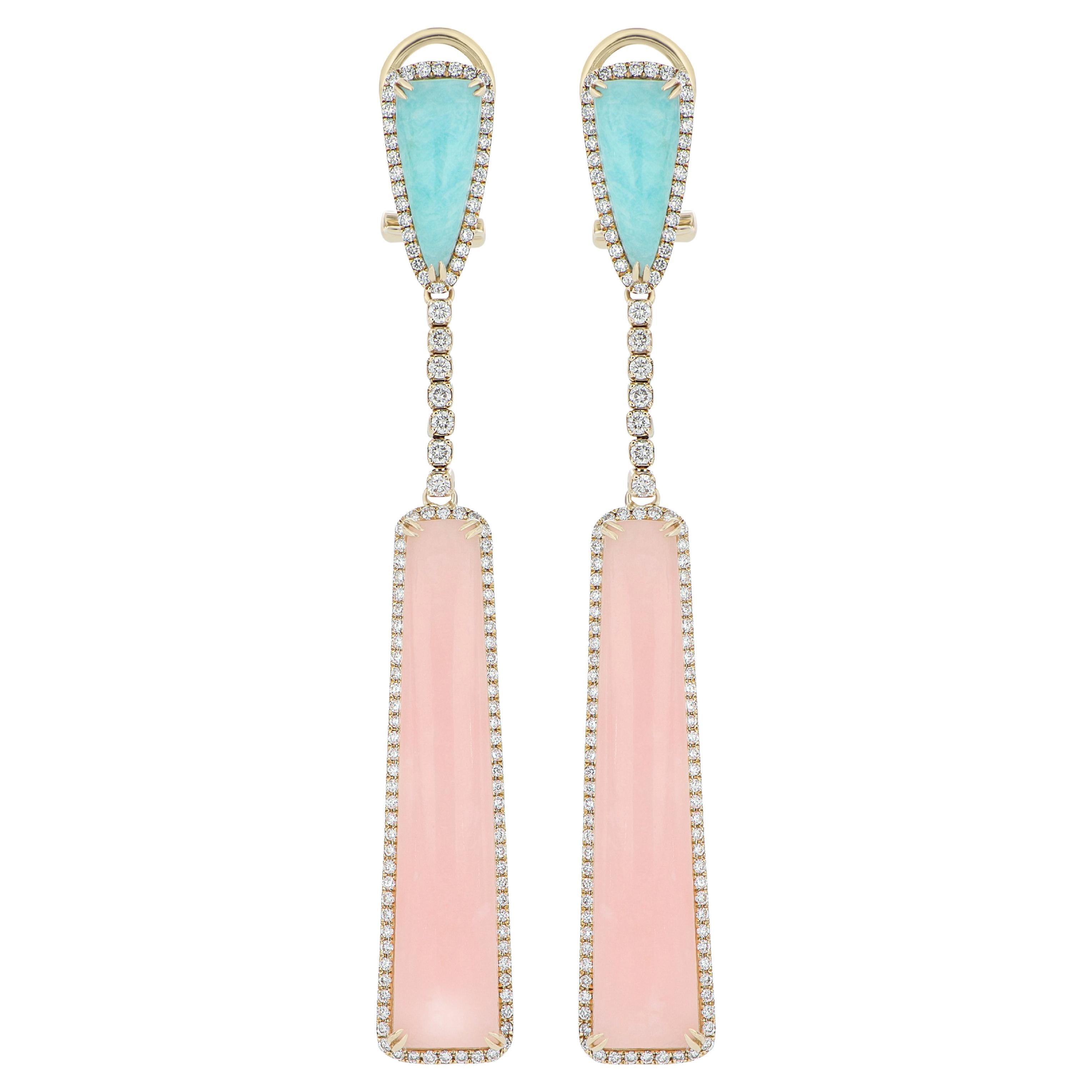 Pink Opal, Amazonite and Diamond Earring 14 Karat Yellow Gold