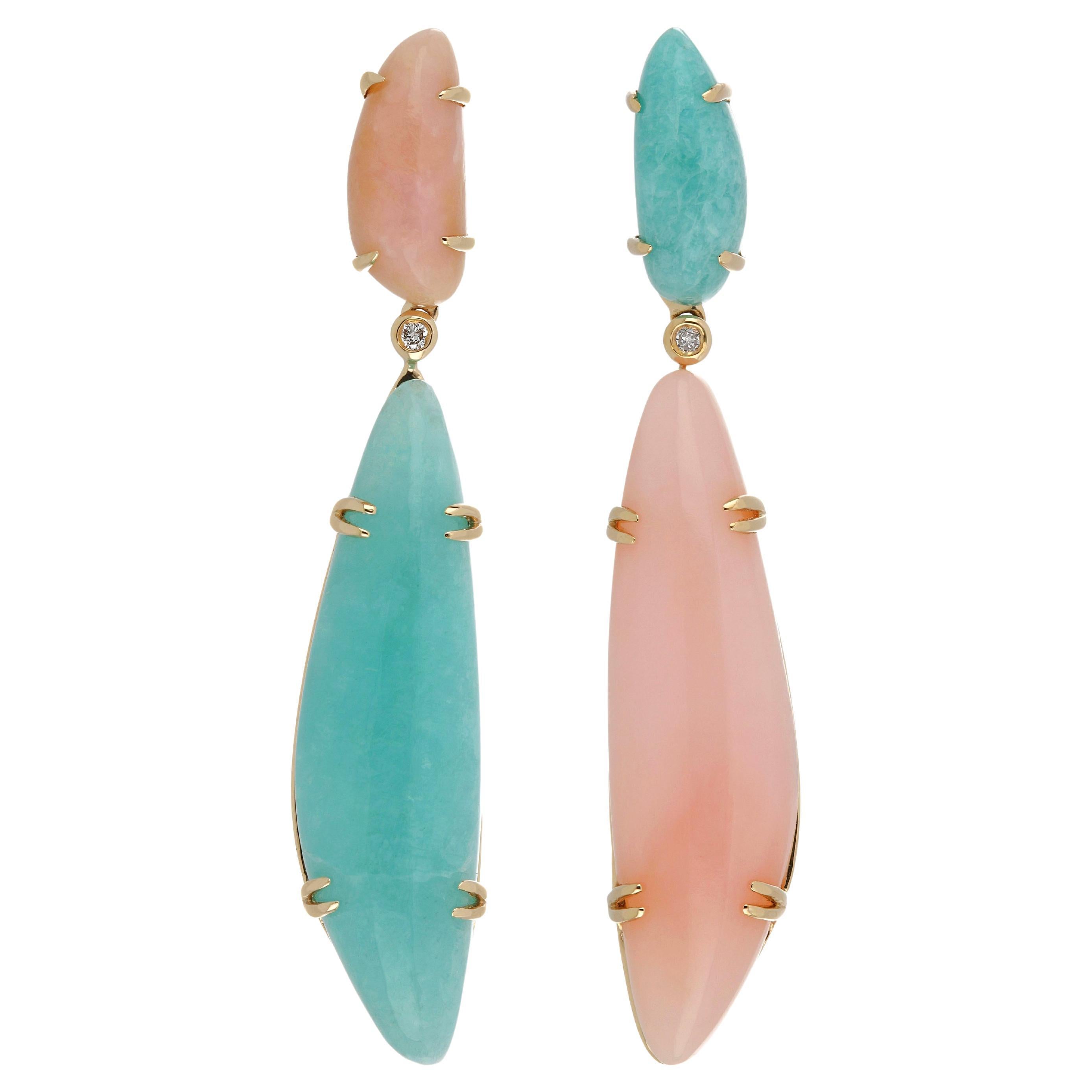 Pink Opal, Amazonite and Diamond Earring 14 Karat Yellow Gold