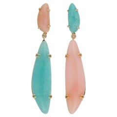 Boucles d'oreilles en or jaune 14 carats avec opale rose, amazonite et diamants