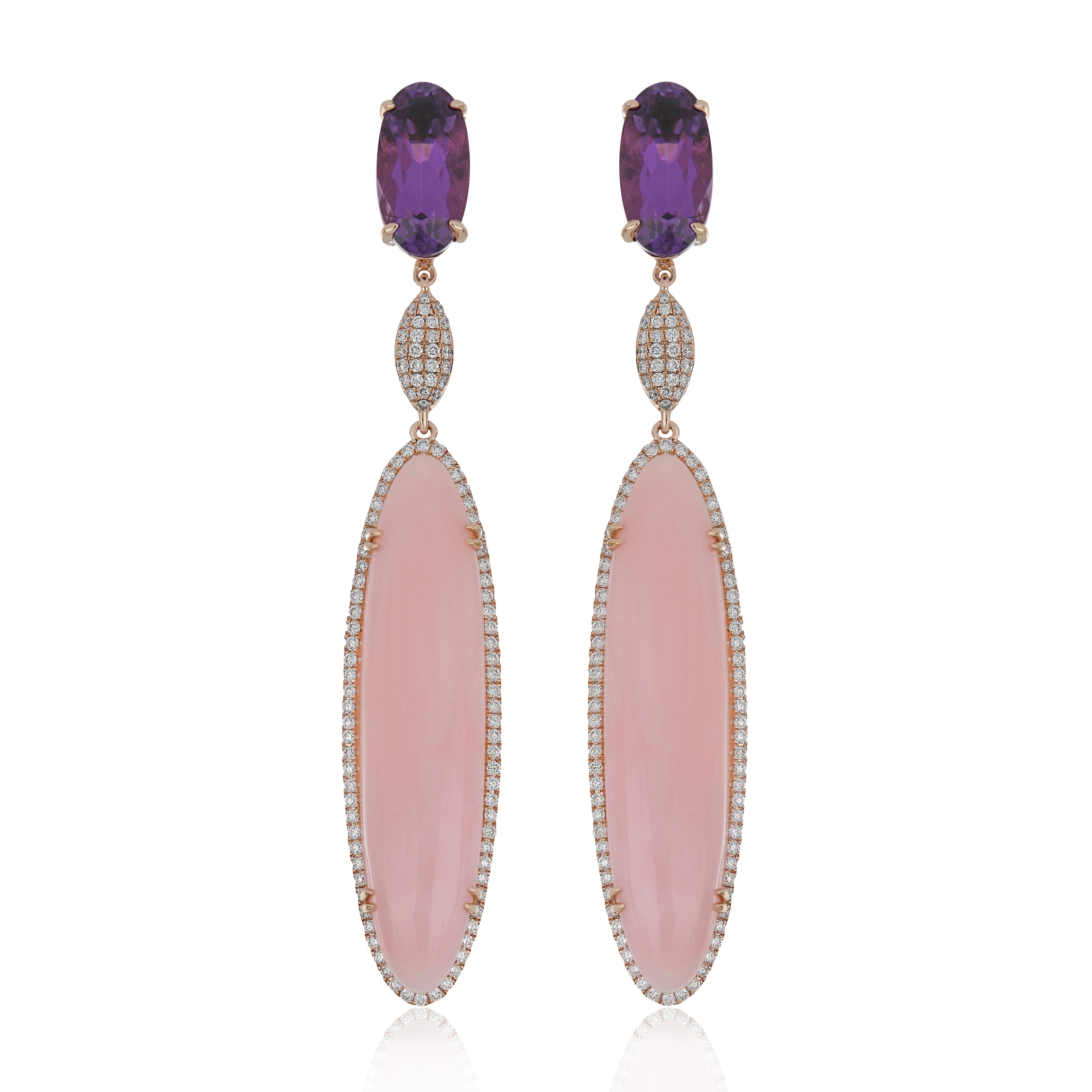 Elegant and exquisitely detailed 14 Karat Rose Gold Pair of Earrings, center set with 13.95 Cts .Oval Shape Pink Opal, and 4.45 Cts of Oval Cut Amethyst accented with  micro pave set Diamonds, weighing approx. 0.69 Cts Beautifully Hand crafted in 14