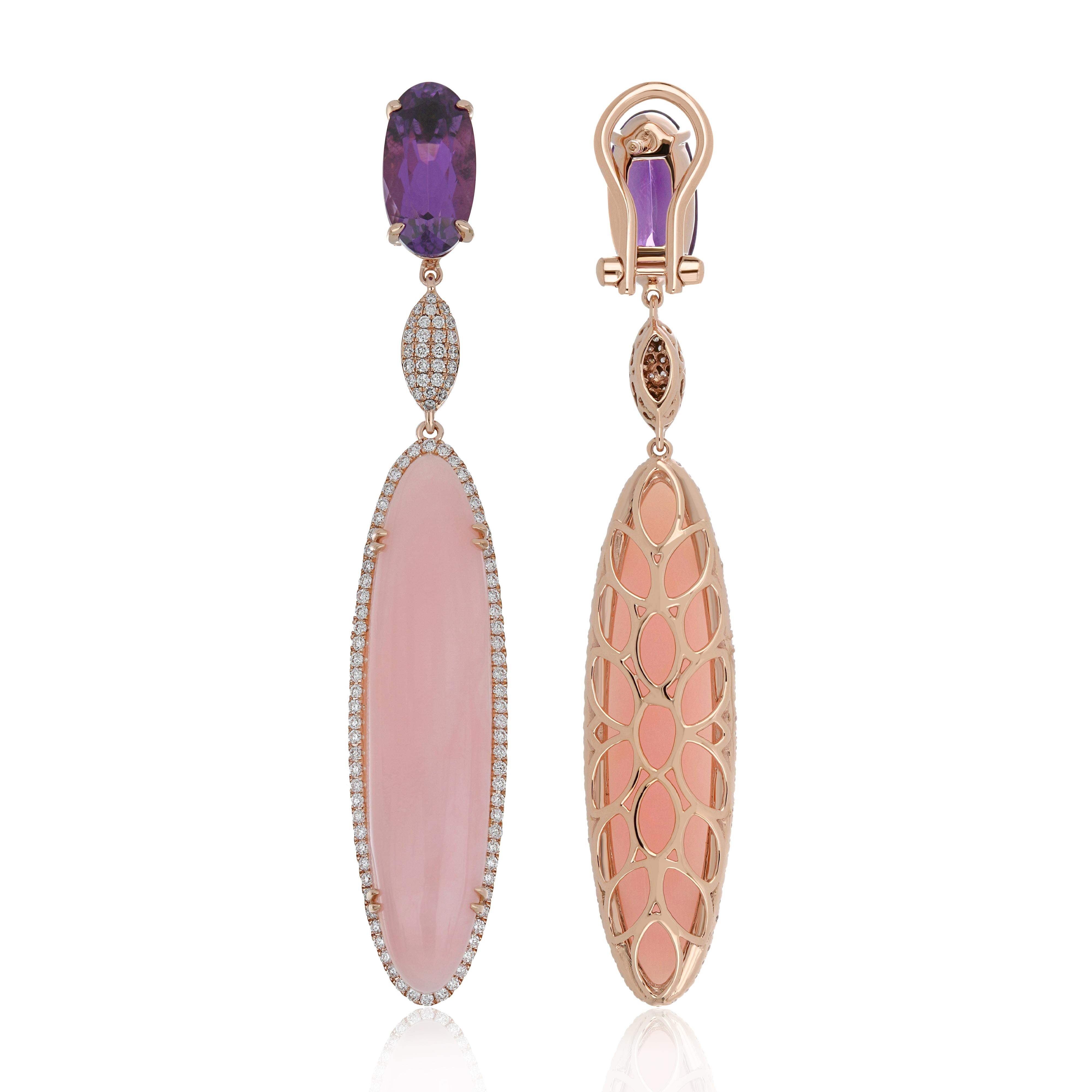 Ohrring mit rosa Opal, Amethyst und Diamant aus 14 Karat Roségold (Cabochon) im Angebot