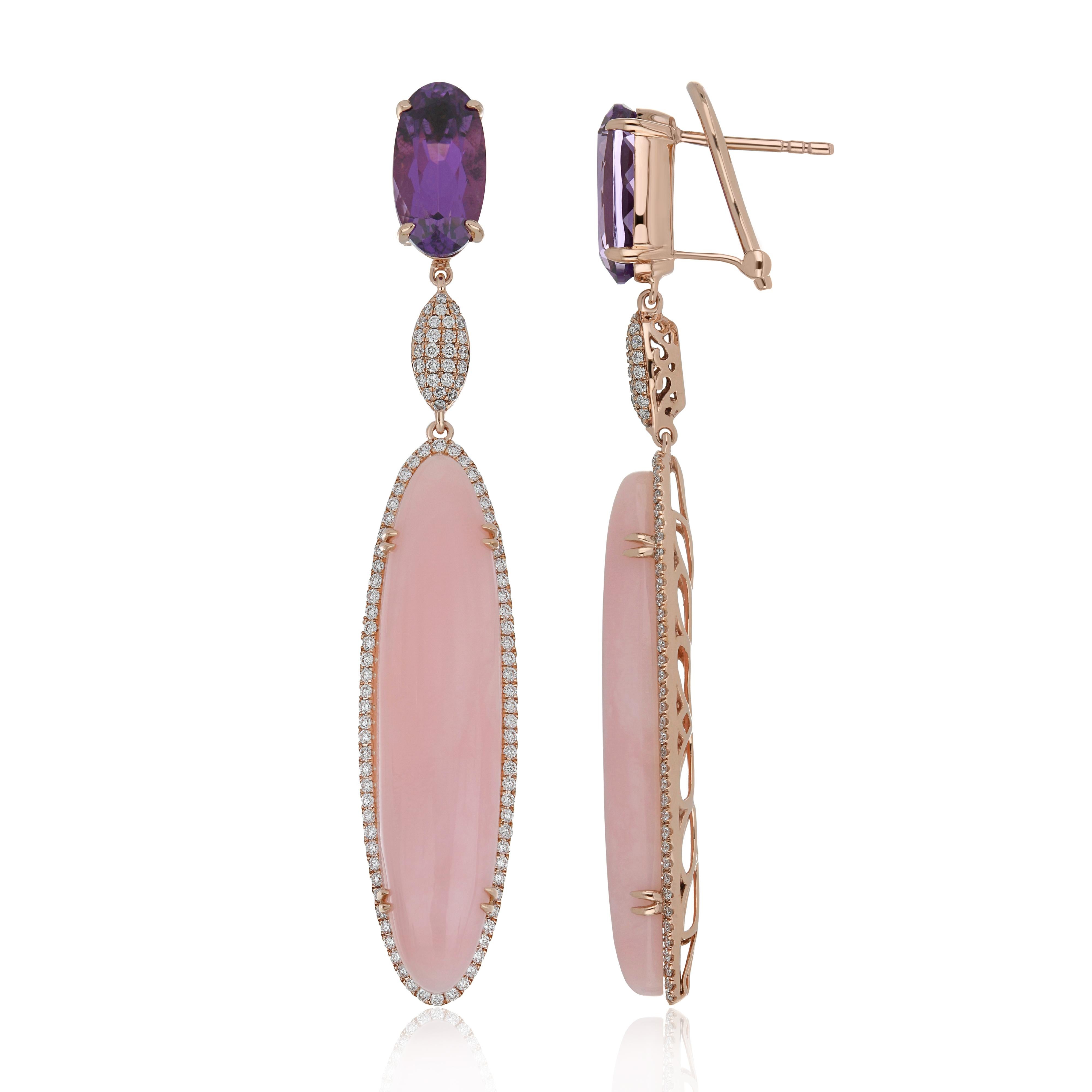 Boucles d'oreilles en or rose 14 carats avec opale rose, améthyste et diamants Neuf - En vente à JAIPUR, IN