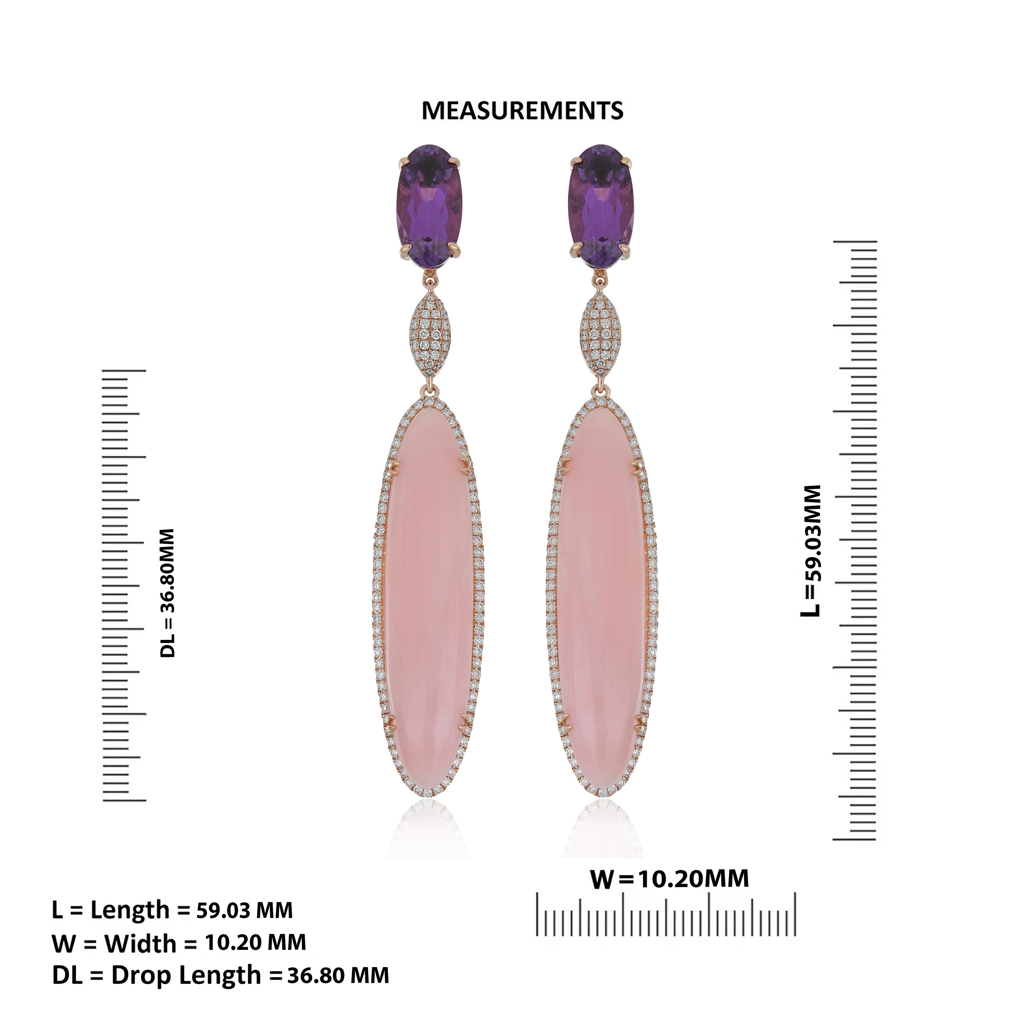 Cabochon Pink Opal, Amethyst and Diamond Earring 14 Karat Rose Gold For Sale