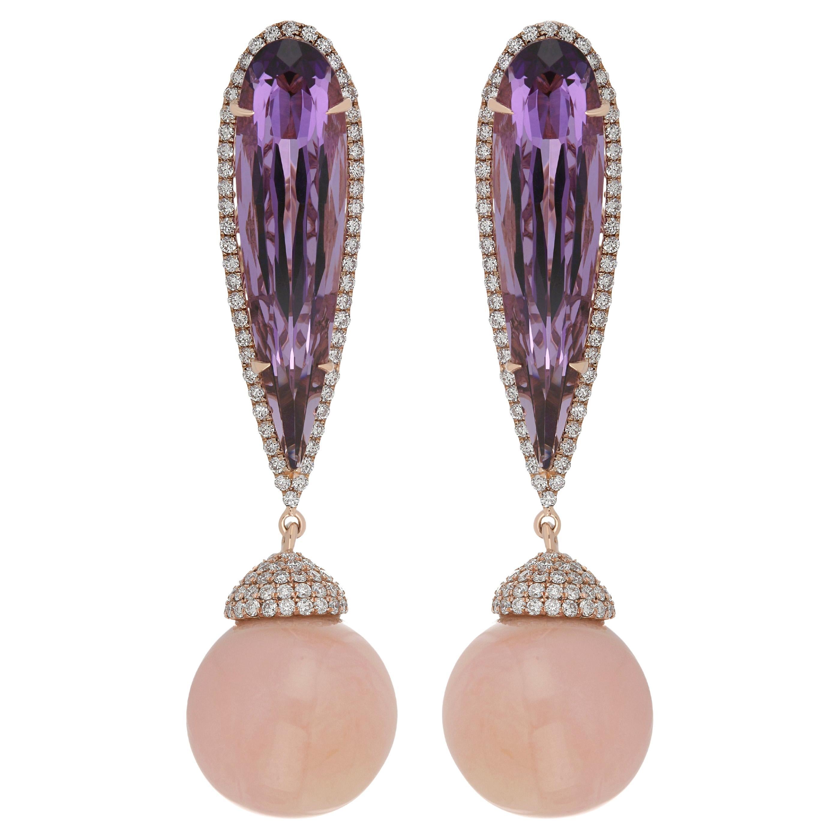 Pink Opal, Amethyst and Diamond Earring 14 Karat Rose Gold