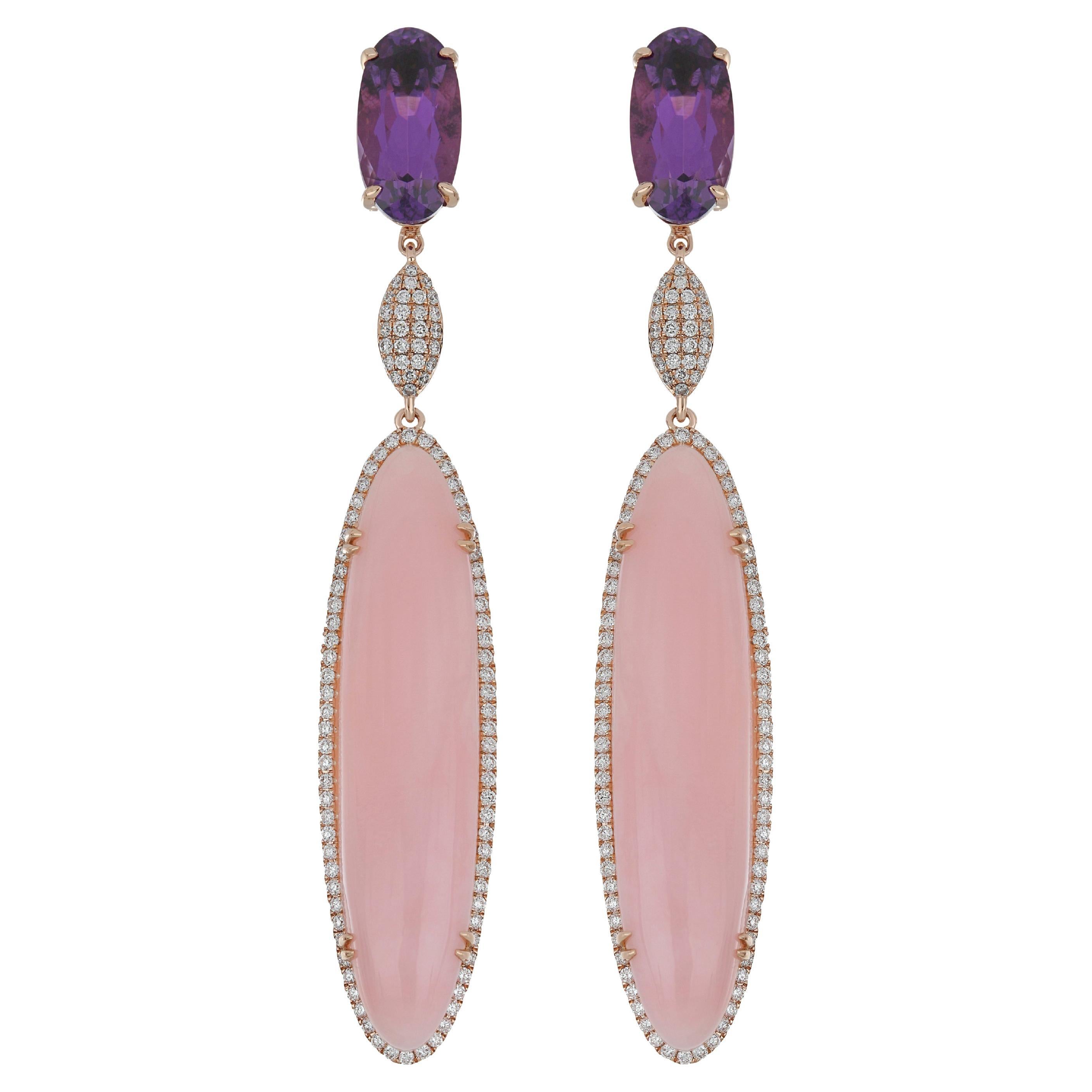 Pink Opal, Amethyst and Diamond Earring 14 Karat Rose Gold For Sale