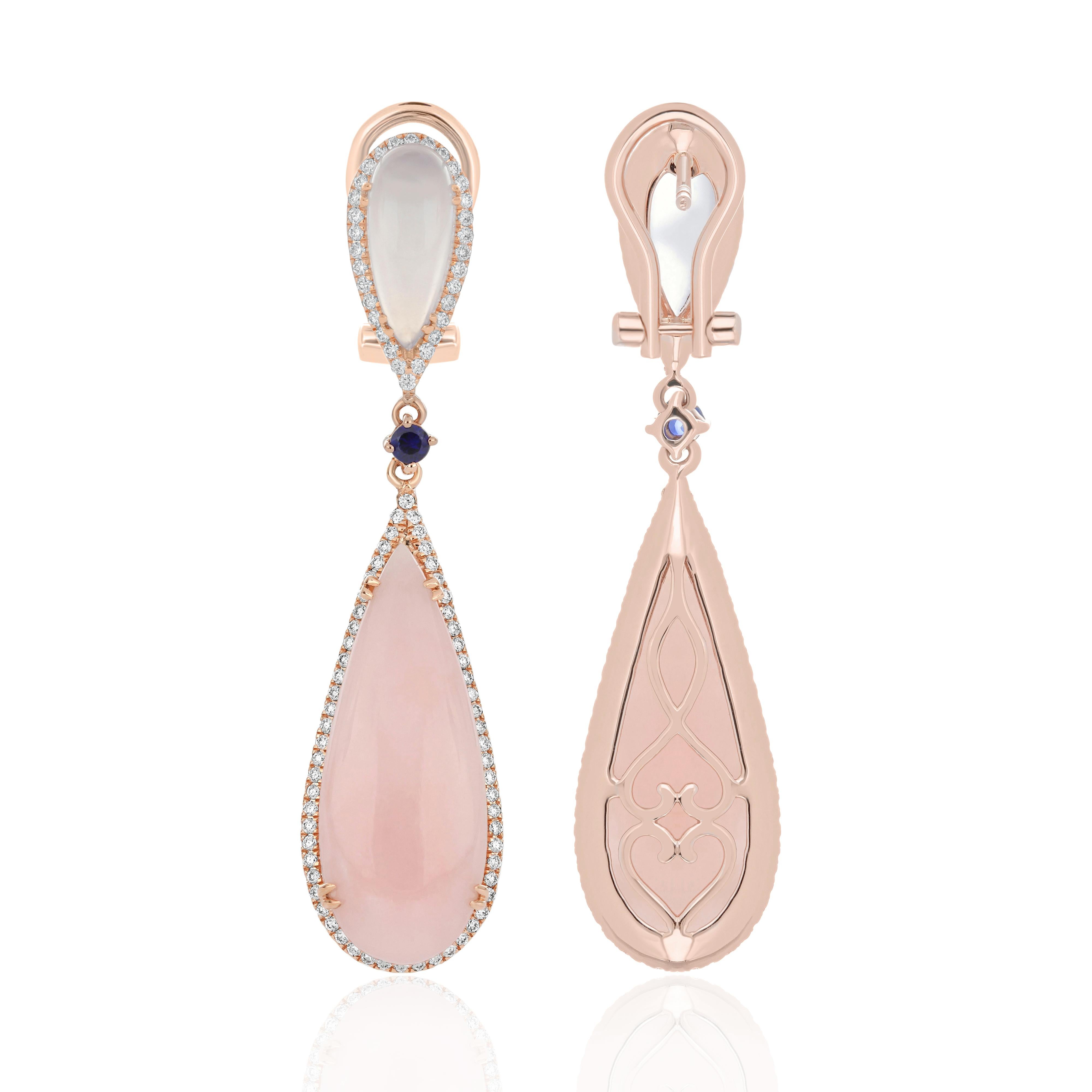 Pink Opal, Blue Chalcedony, Blue Sapphire and Diamond Earring 14Karat Rose Gold In New Condition For Sale In JAIPUR, IN