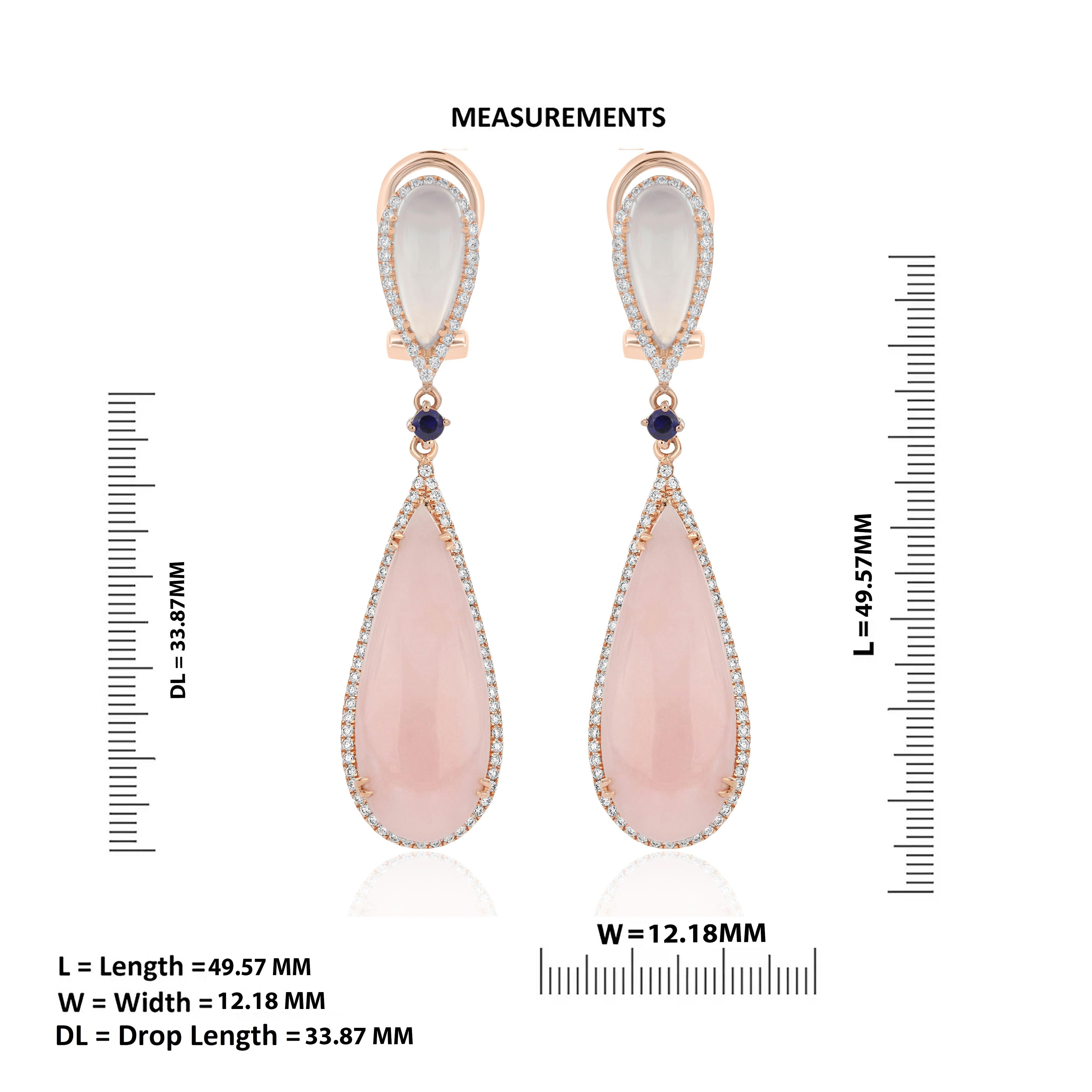 Women's Pink Opal, Blue Chalcedony, Blue Sapphire and Diamond Earring 14Karat Rose Gold For Sale