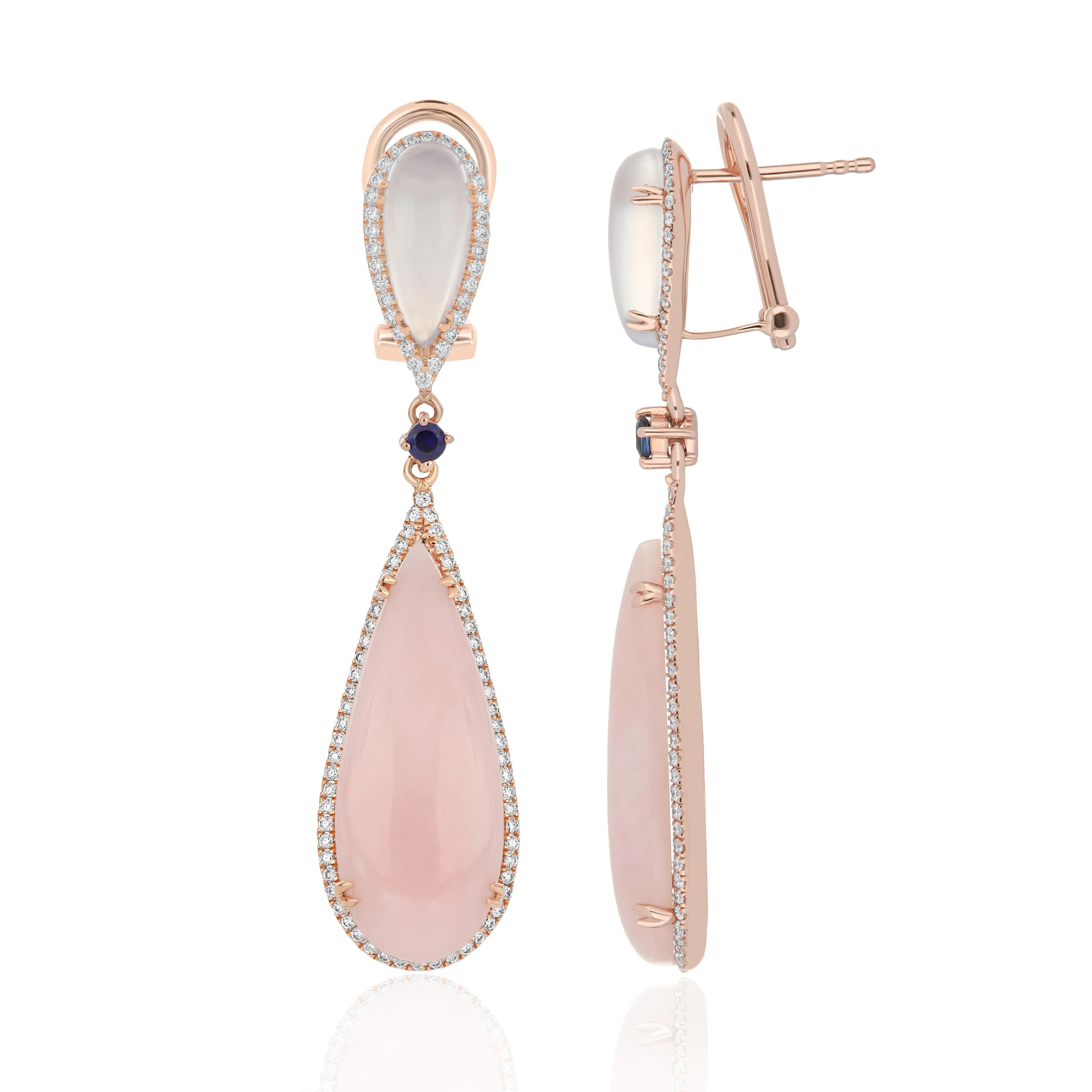 Pear Cut Pink Opal, Blue Chalcedony, Blue Sapphire and Diamond Earring 14Karat Rose Gold For Sale