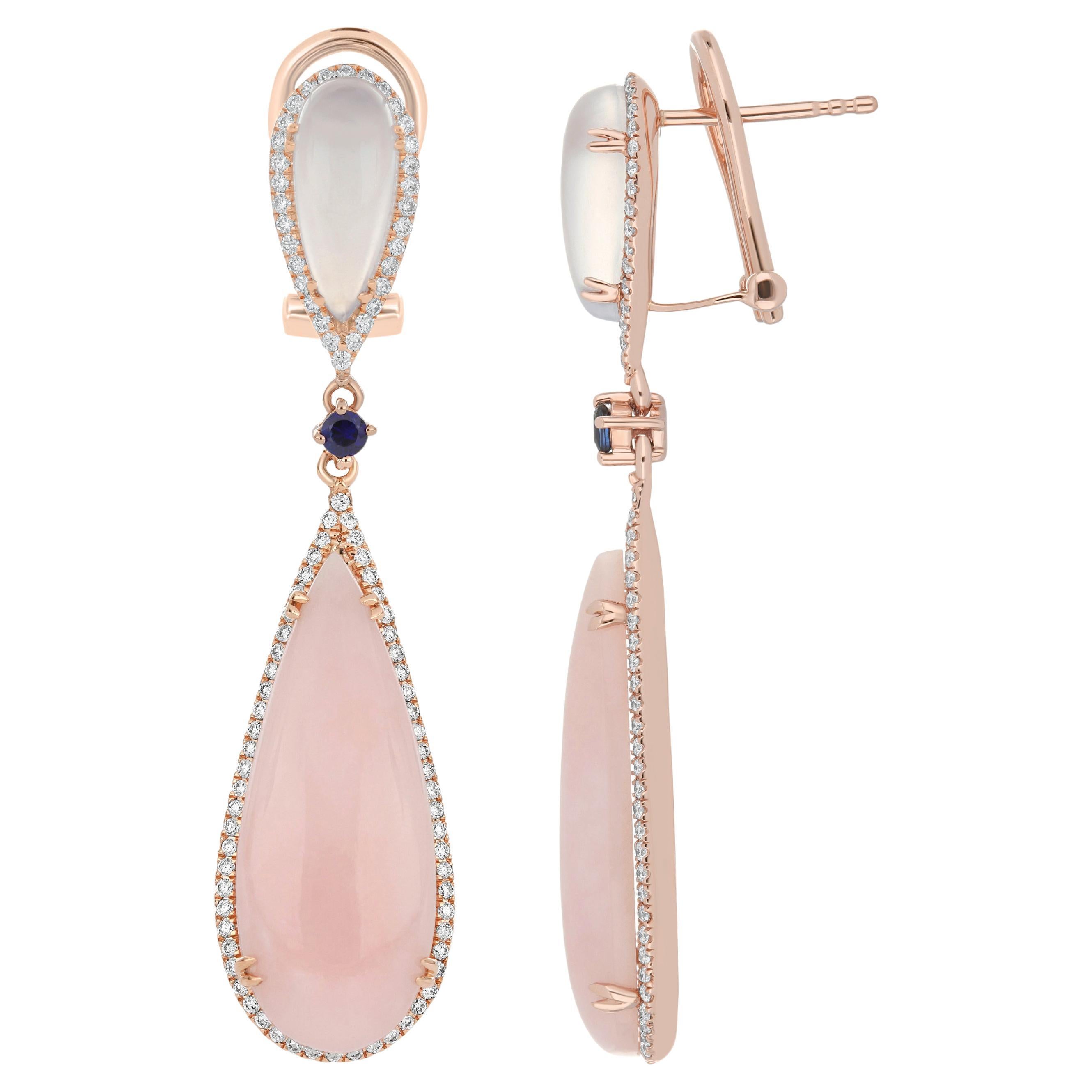 Elegant and exquisitely detailed 14 Karat Rose Gold Mismatched Pair of Earrings, center set with 14.40 Cts .Cab Pear Shape Pink Opal , and 2.60 Cts of Pear Cut Blue Chalcedony  accented with Blue Sapphire and micro pave set Diamonds, weighing