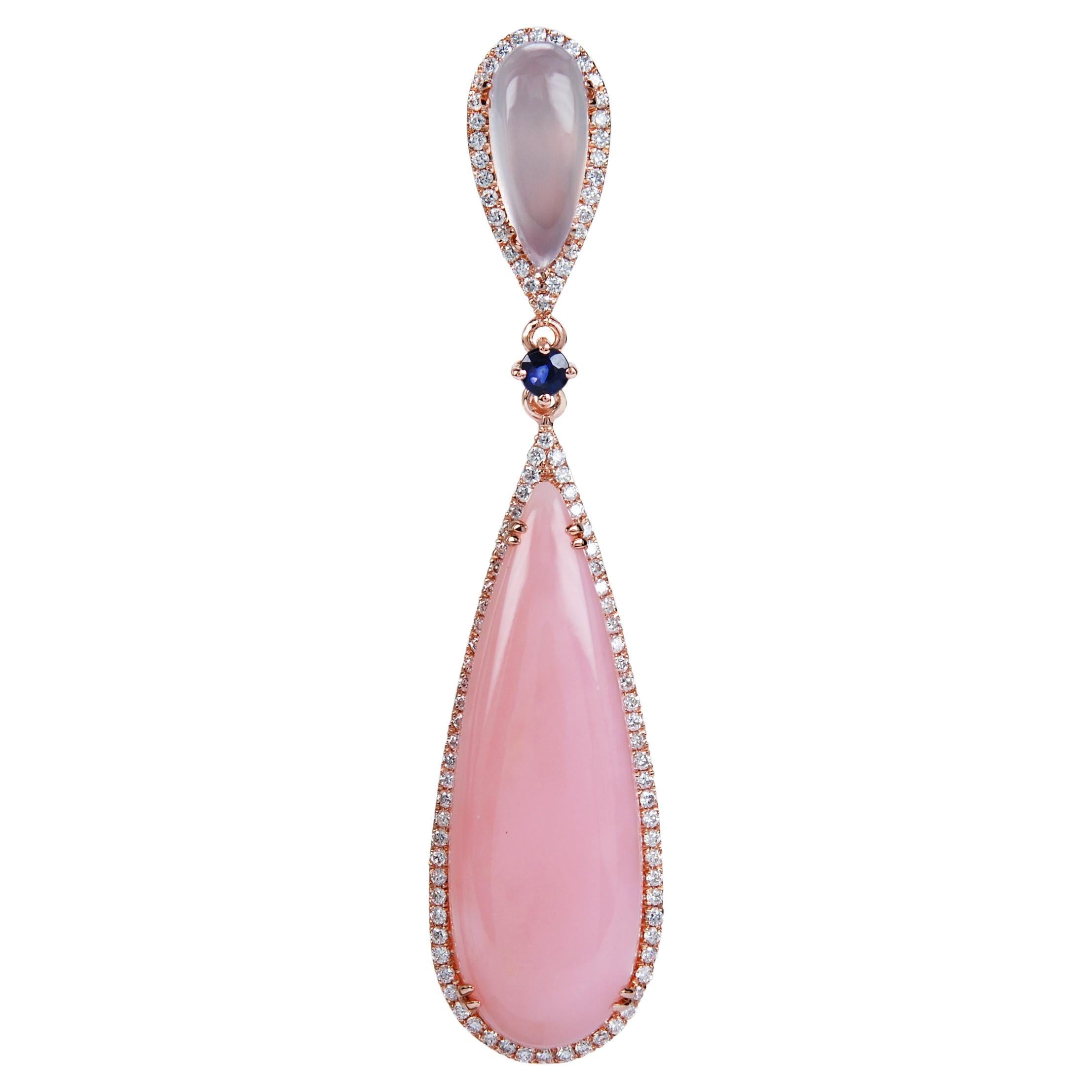 Pink Opal, Blue Chalcedony, Blue Sapphire and Diamond pendant 14 karat Rose Gold