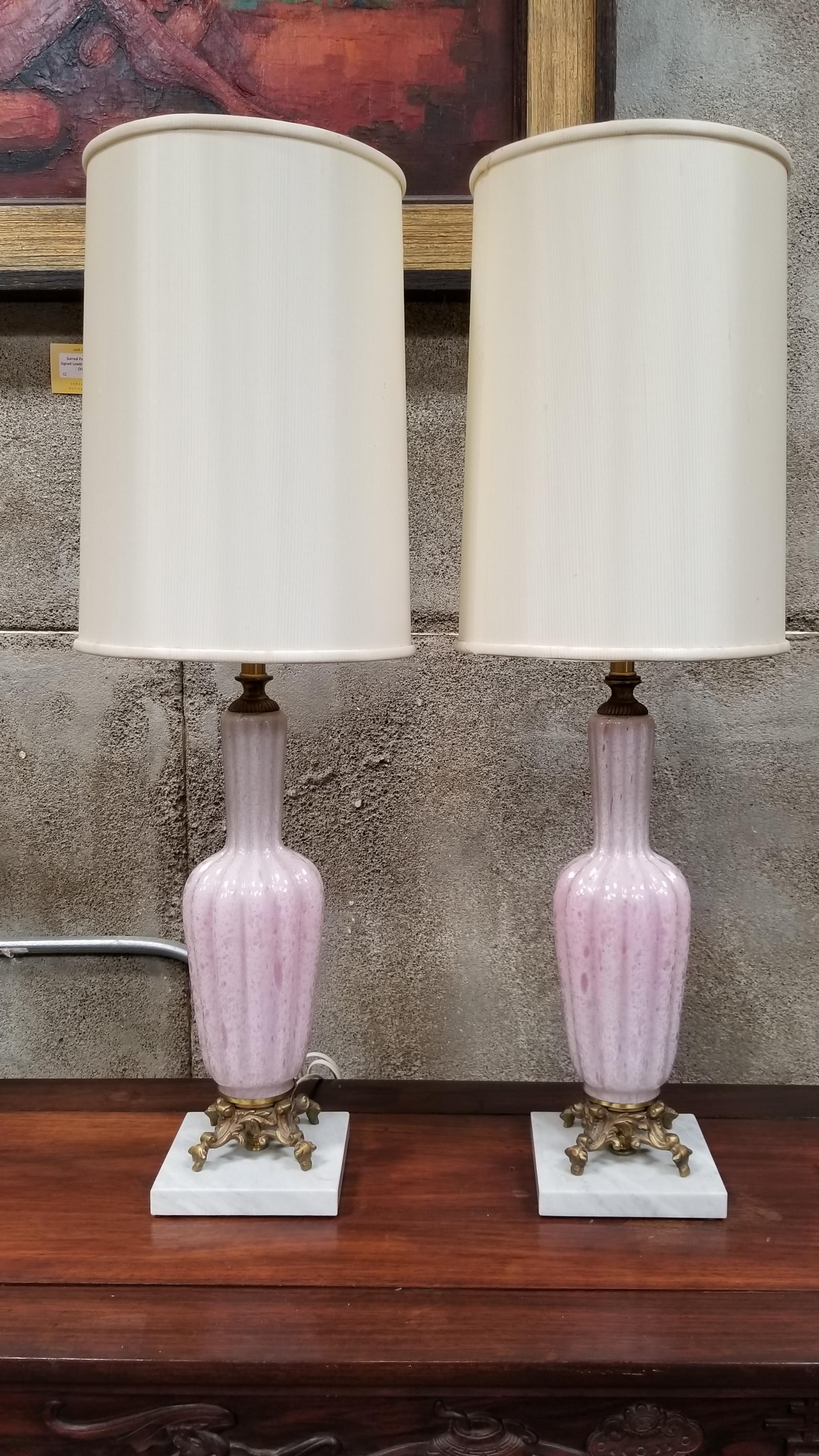 Diminutive pair of opalescent Murano glass table lamps with exceptional, detailed brass mounts and marble bases. Unusual smaller size allows use in space restricted applications. Original, vintage lamp shades. Excellent, original condition. Marble