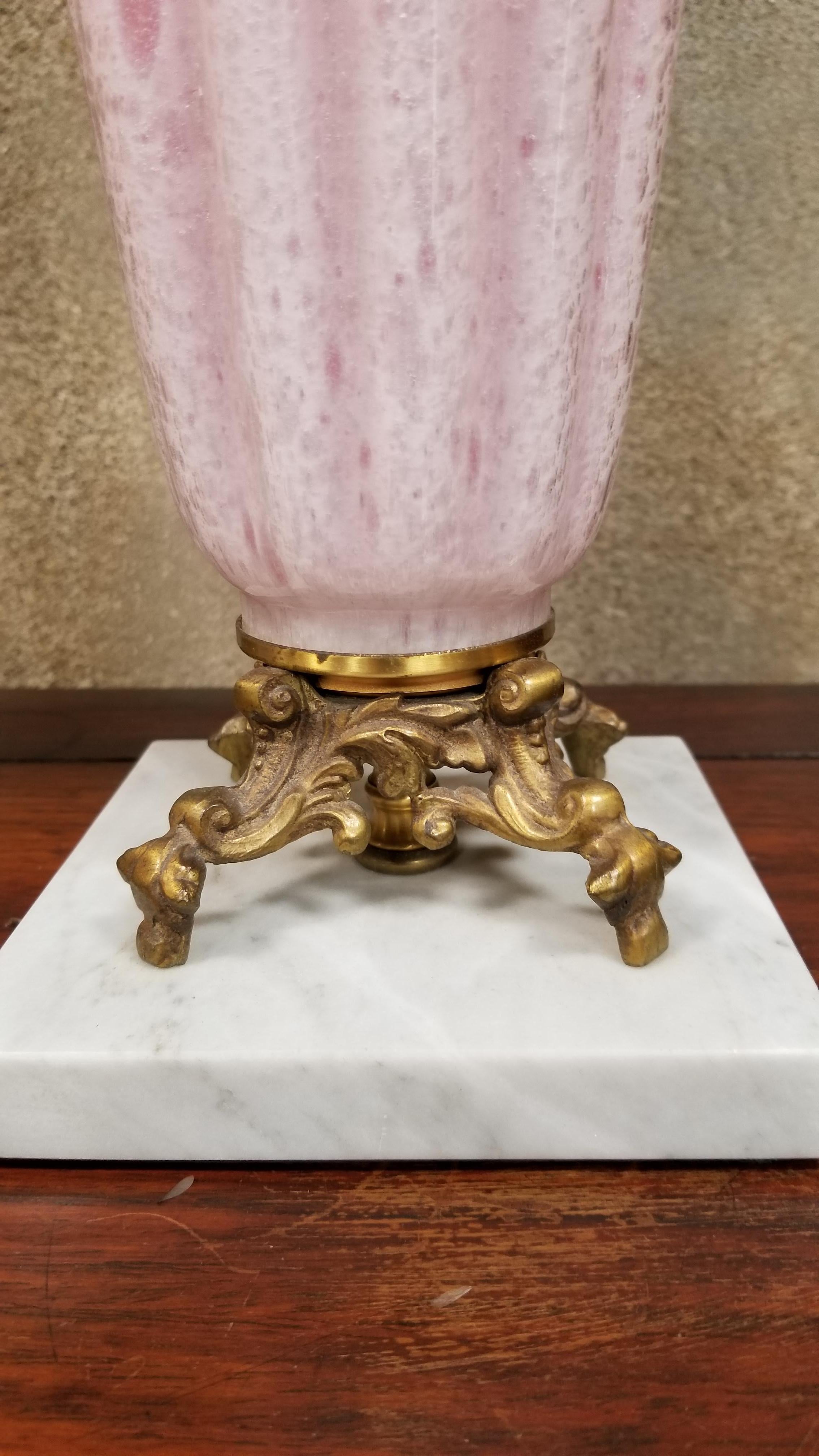 Hollywood Regency Murano Pink Opalescent Glass Table Lamps, a Pair