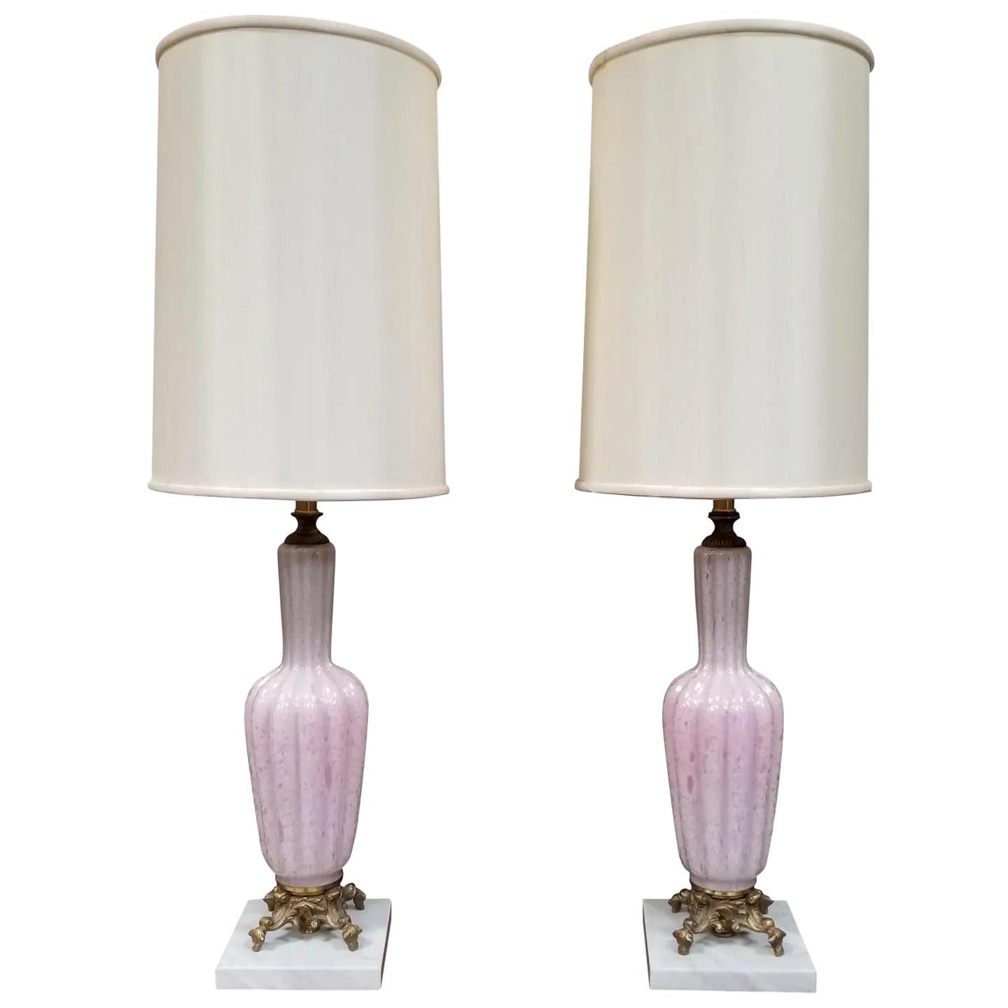Murano Pink Opalescent Glass Table Lamps, a Pair