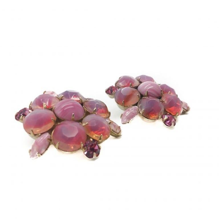 Striking 1950s Pink Earrings. Featuring the most wonderful array of bright pink opalescent givre and art glass stones individually claw set in gilt metal. Measuring 4.5cm with clip fittings and in very good vintage condition. Uber glam and perfect