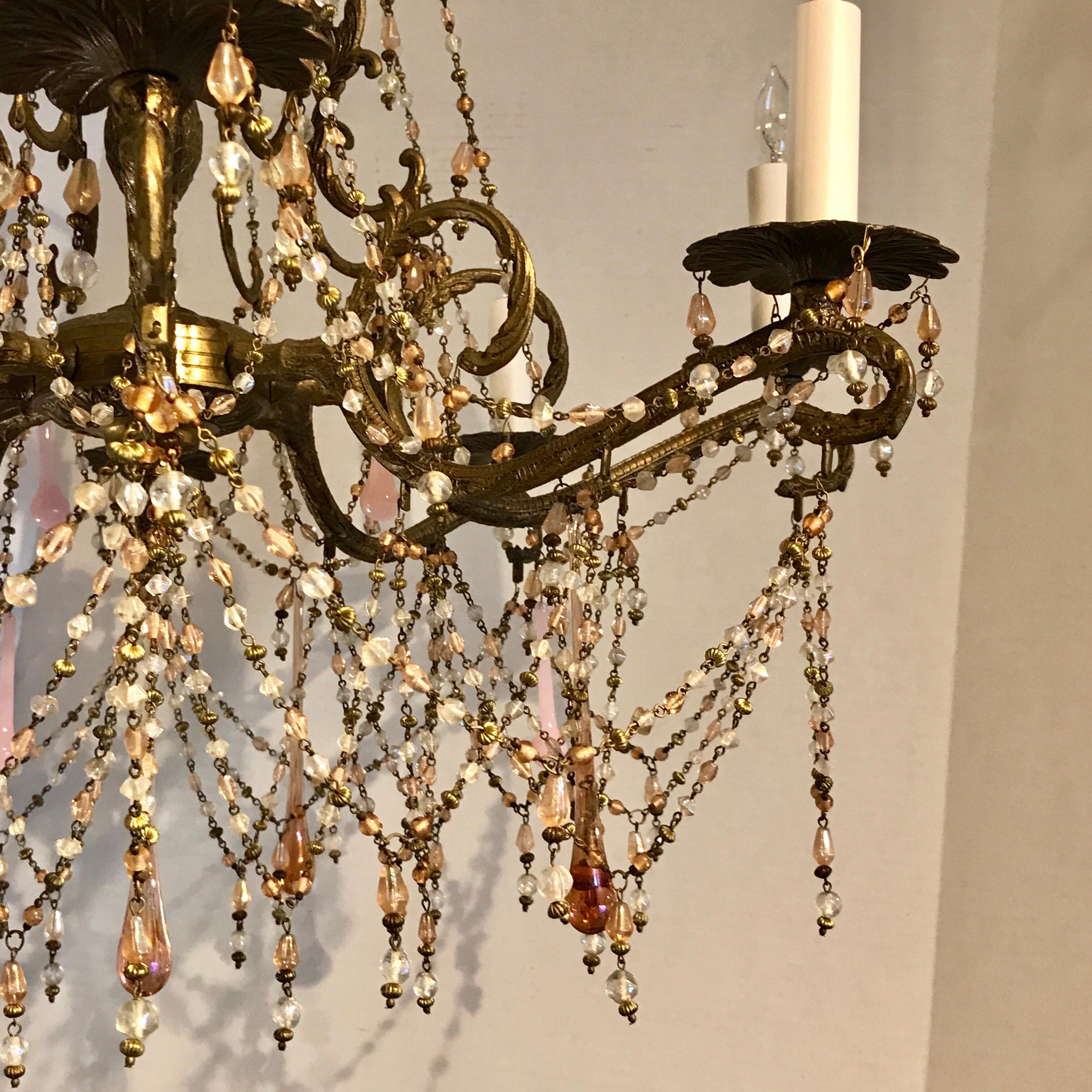 European Pink Opaline Eight-Light Brass Chandelier For Sale