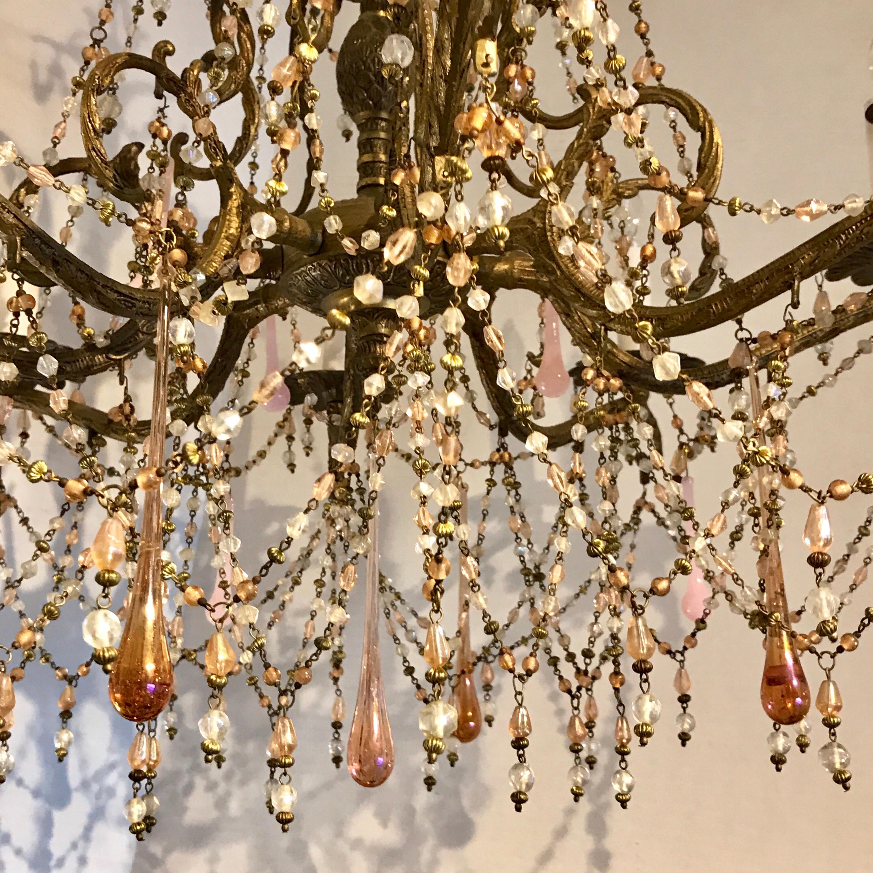 Cast Pink Opaline Eight-Light Brass Chandelier For Sale