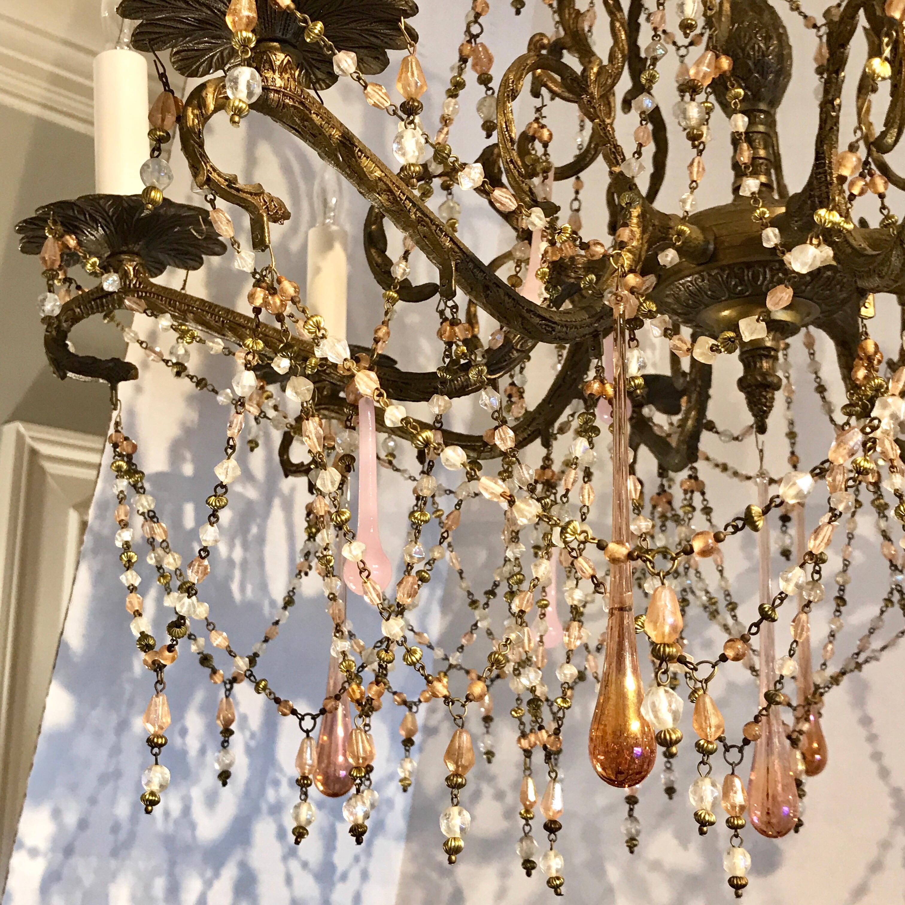 Mid-20th Century Pink Opaline Eight-Light Brass Chandelier For Sale