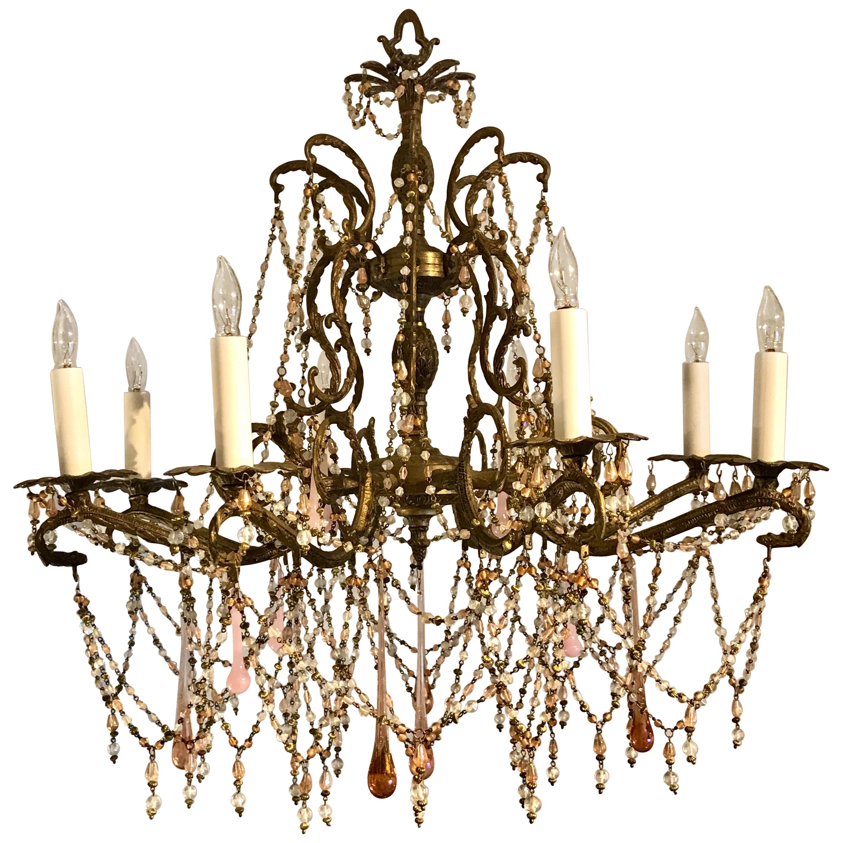 Pink Opaline Eight-Light Brass Chandelier For Sale