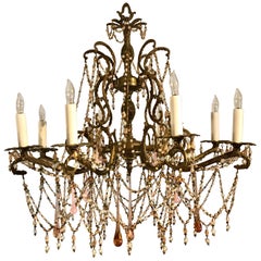 Pink Opaline Eight-Light Brass Chandelier