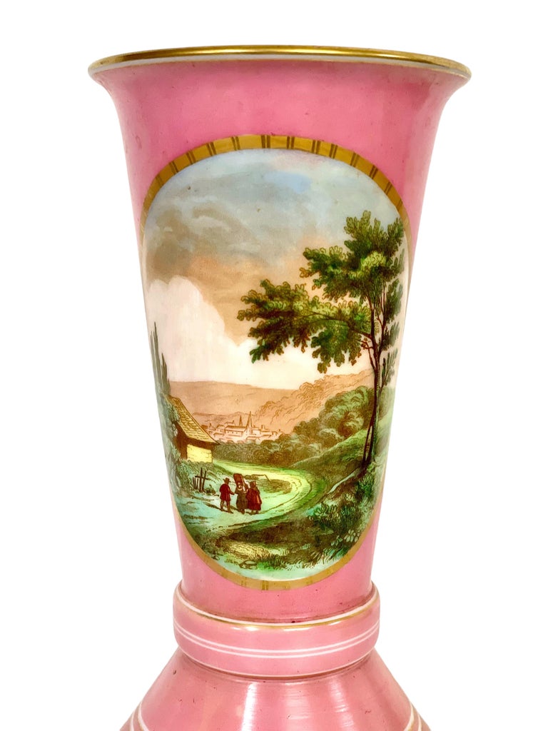 19th Century Pink Opaline Vase with Pastoral Decoration For Sale
