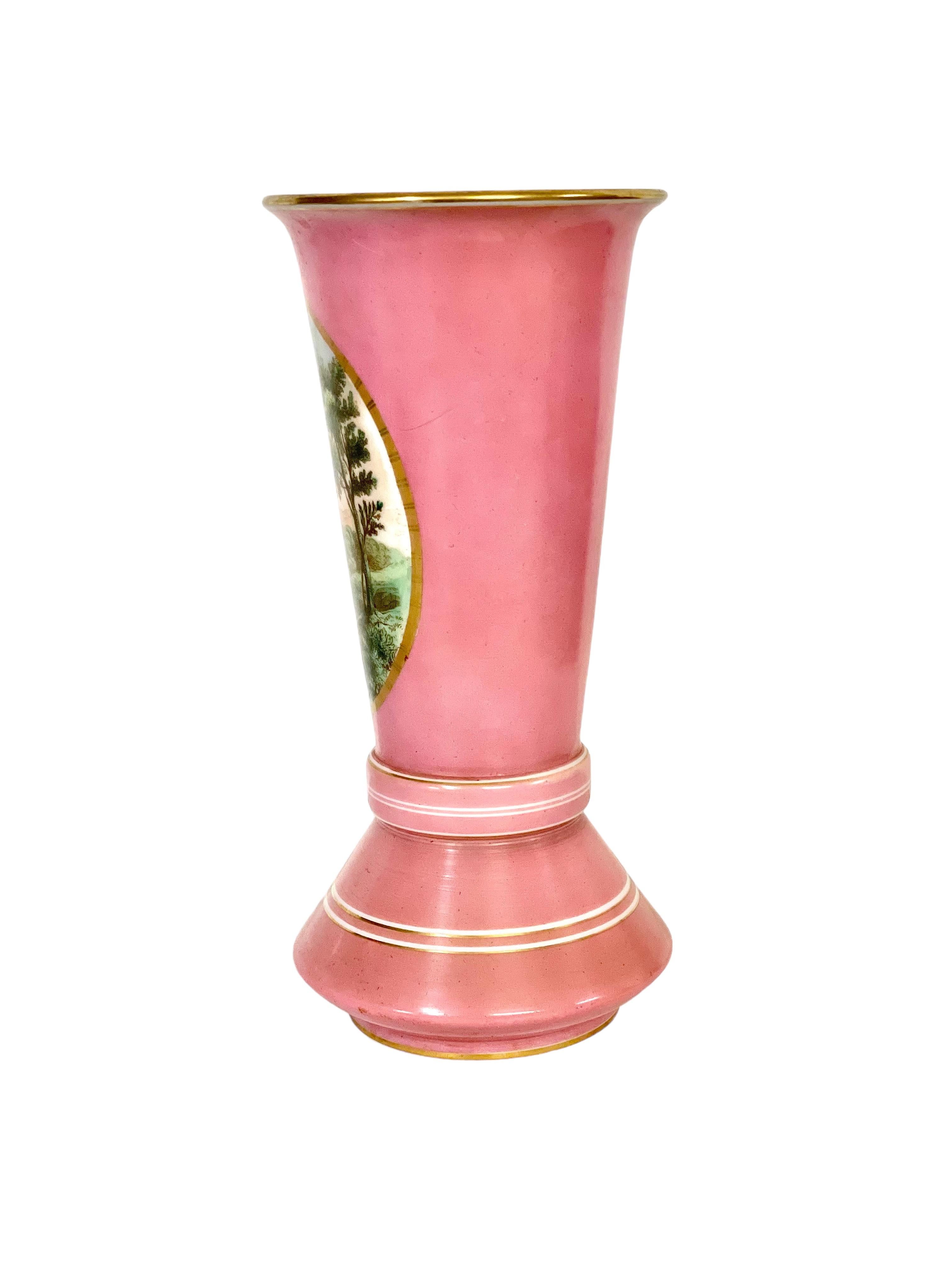 French 19th Century Pink Opaline Vase with Pastoral Decoration  For Sale