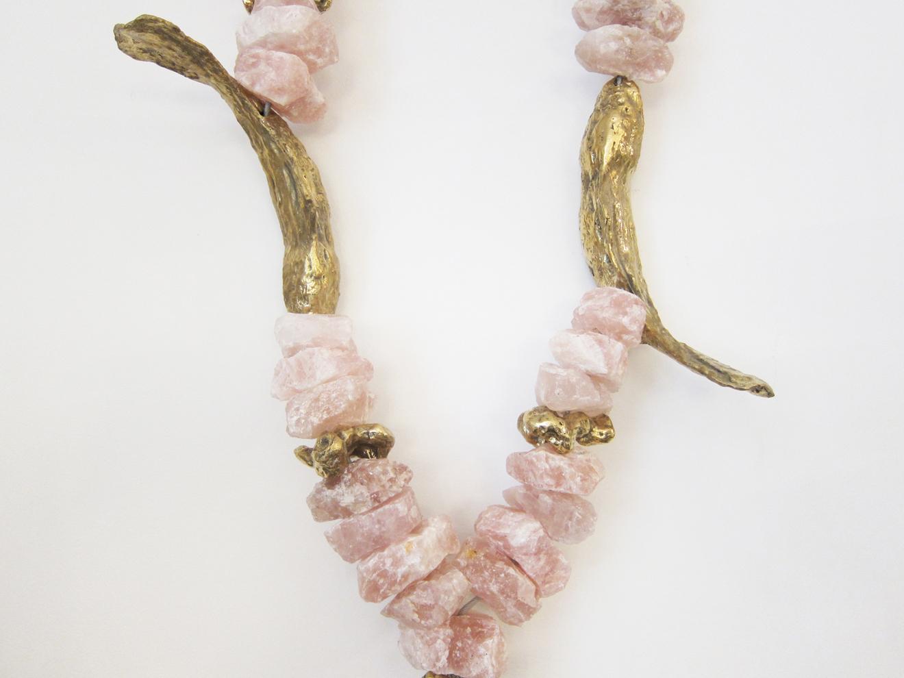 Organic Modern Pink or Rose Quartz and Bronze Necklace Wall Sculpture