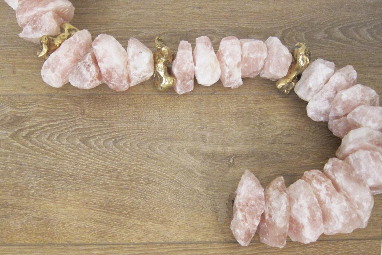Pink or Rose Quartz and Bronze Necklace Wall Sculpture In Excellent Condition In Miami, FL
