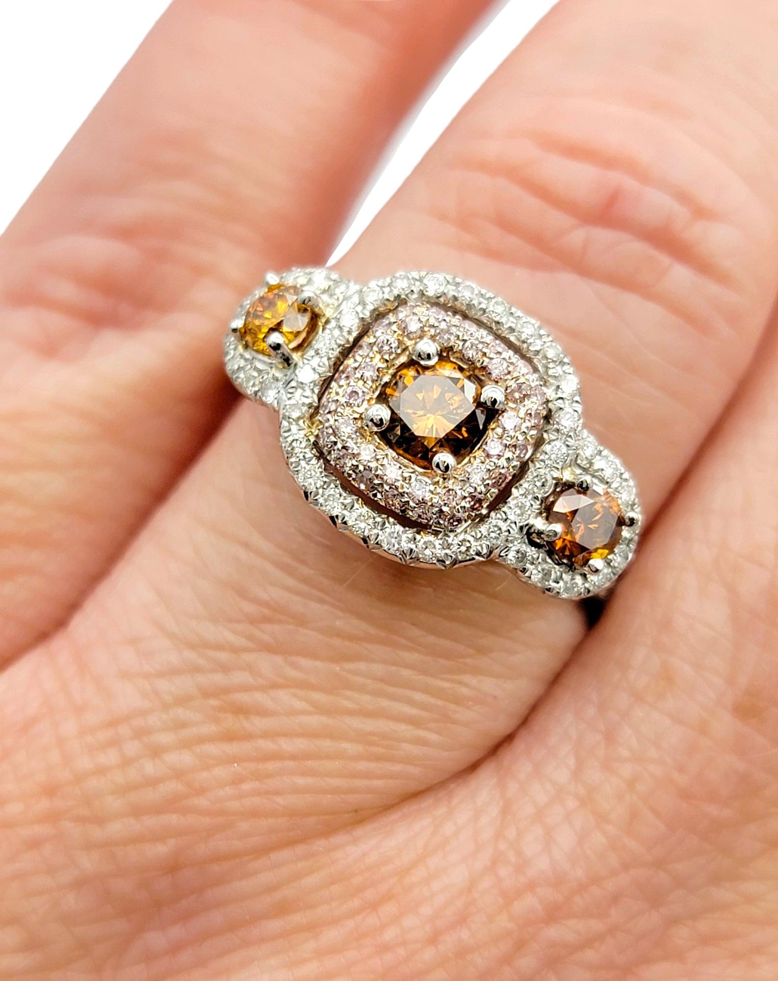 Pink, Orange and White Diamond 3-Stone Halo Style Ring in 18 Karat White Gold For Sale 4