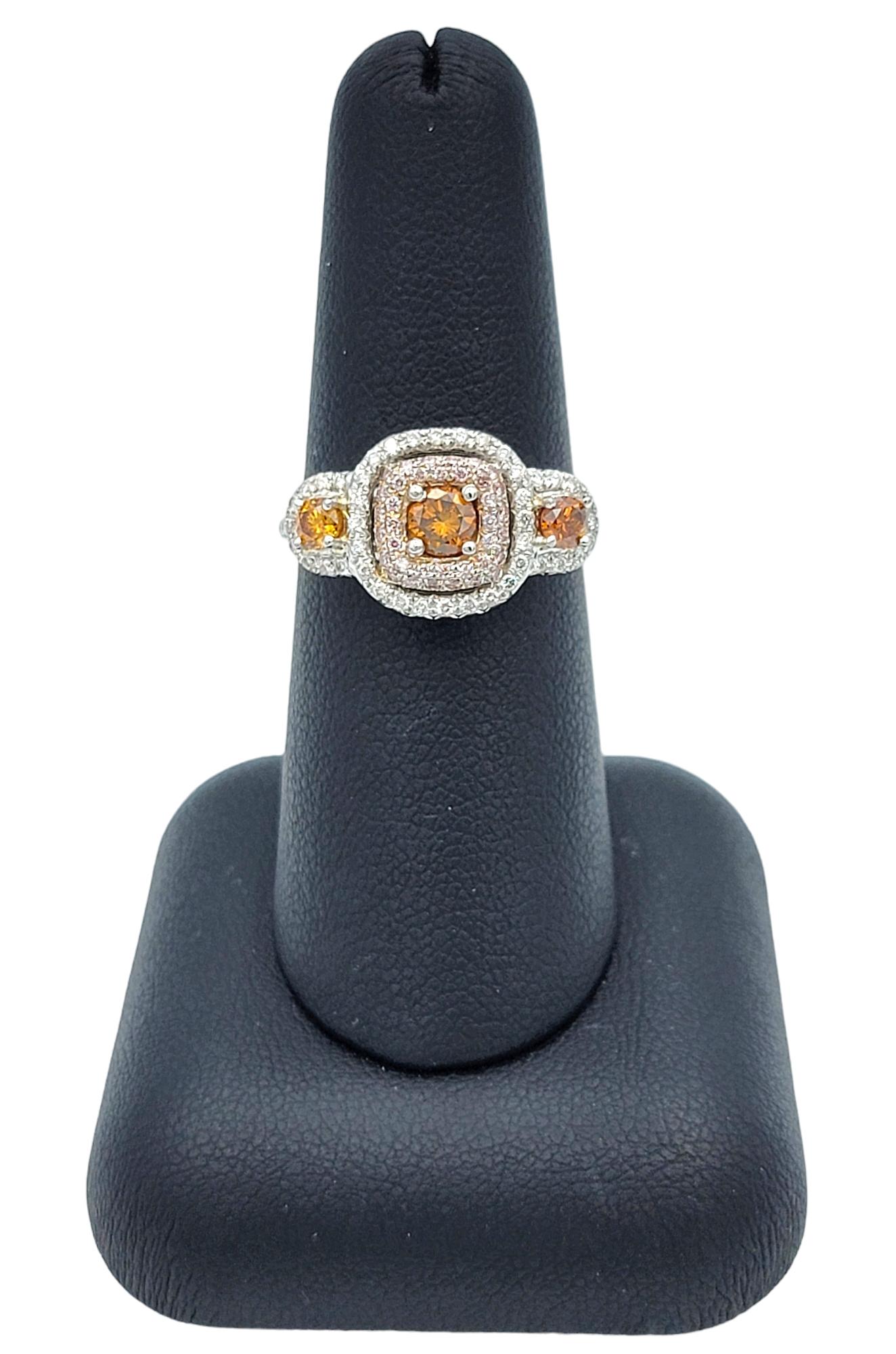 Pink, Orange and White Diamond 3-Stone Halo Style Ring in 18 Karat White Gold For Sale 5