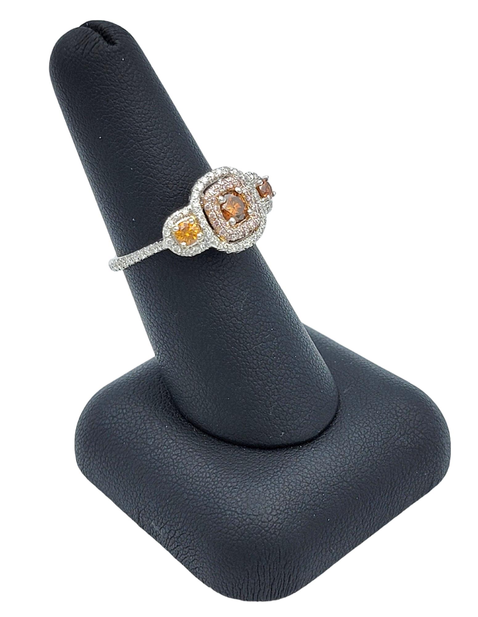 Pink, Orange and White Diamond 3-Stone Halo Style Ring in 18 Karat White Gold For Sale 6
