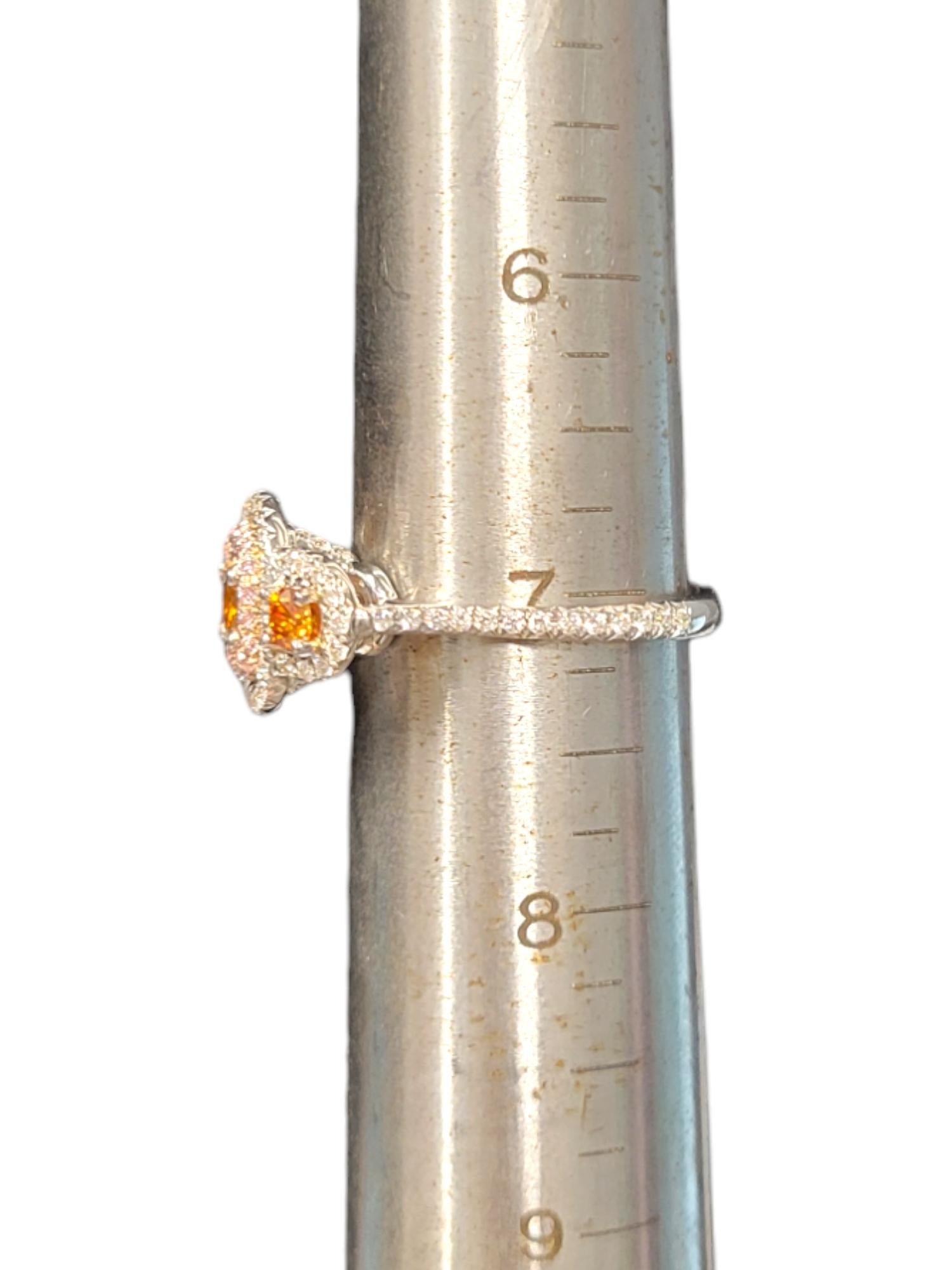 Pink, Orange and White Diamond 3-Stone Halo Style Ring in 18 Karat White Gold For Sale 7